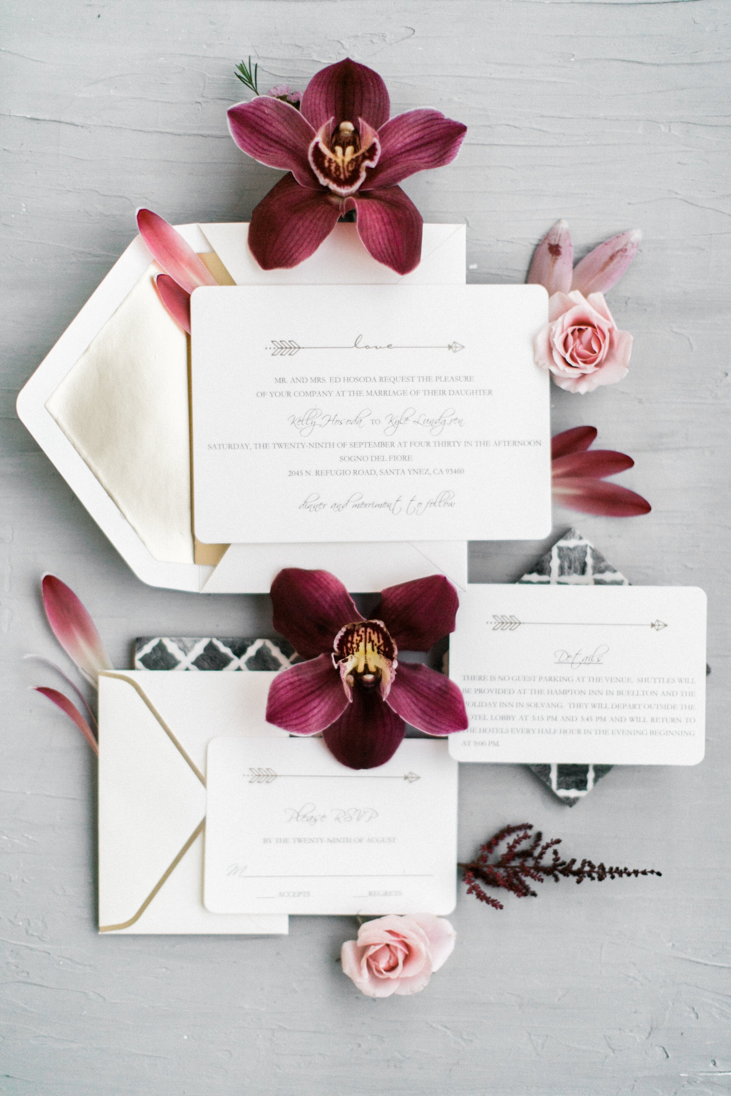www.santabarbarawedding.com | Wunderland &amp; Co. | Rhianna Mercier Photography | White Wedding Invites and Pink and Red Florals