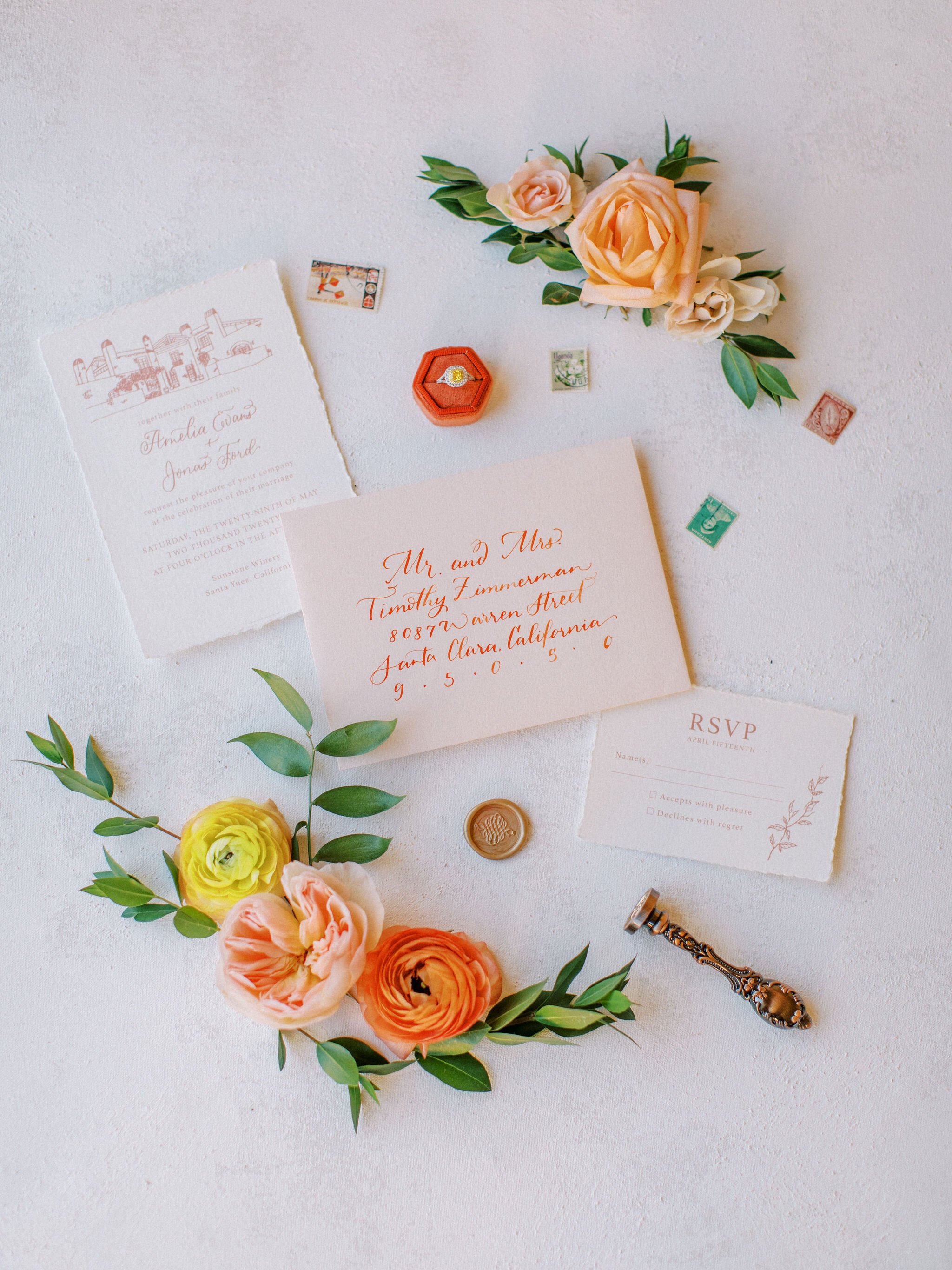 www.santabarbarawedding.com | Vivian Morrow | Sunstone Villa | H &amp; L Lovely Creations | Solstice Bloom | Chasing Stone | Claudia Strenger | The Mrs. Box | Wedding Invitations, Rings, and Florals
