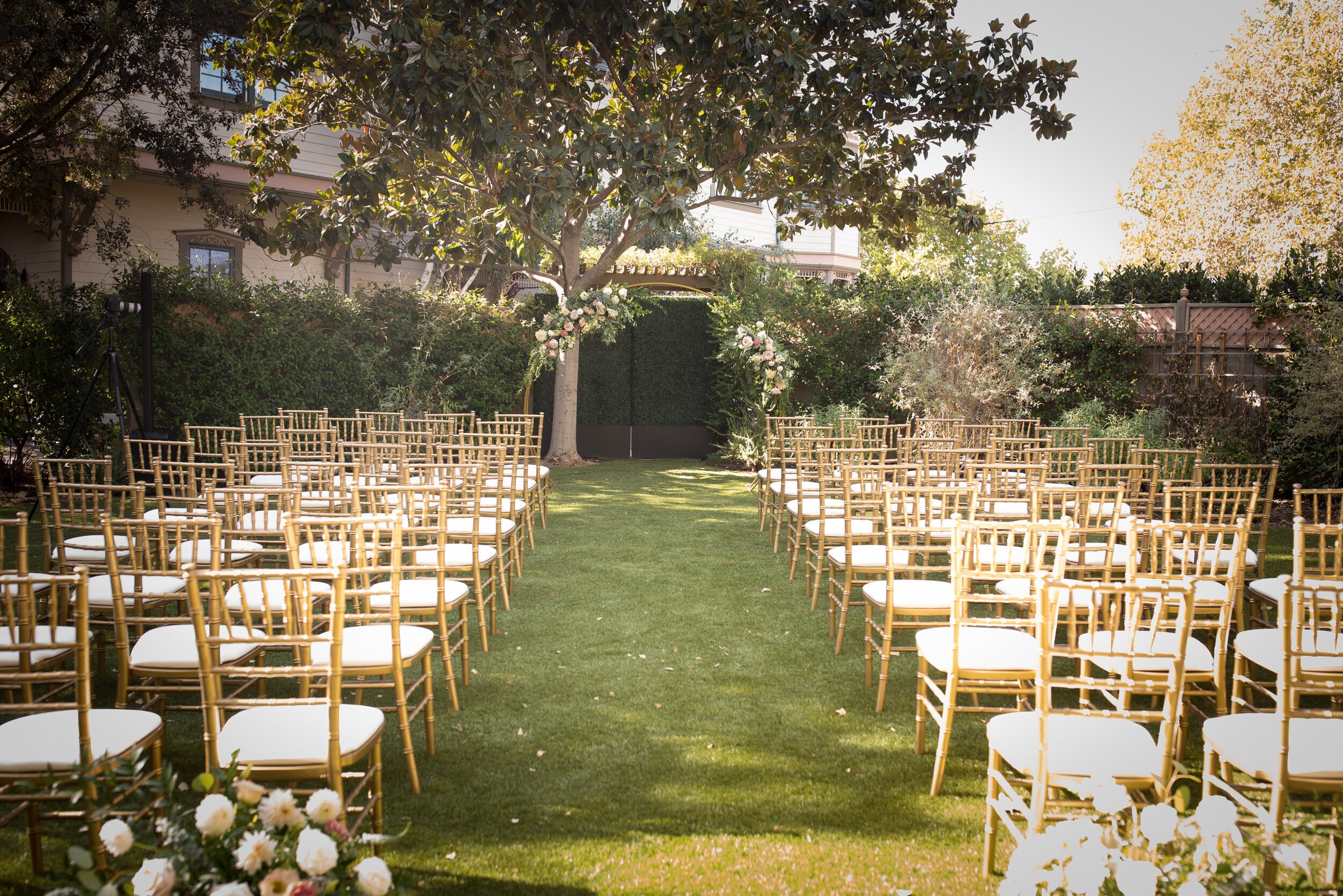www.santabarbarawedding.com | Kelsey Crews Photo | Twisted Twig | Ceremony Set up with Modern Gold Chairs
