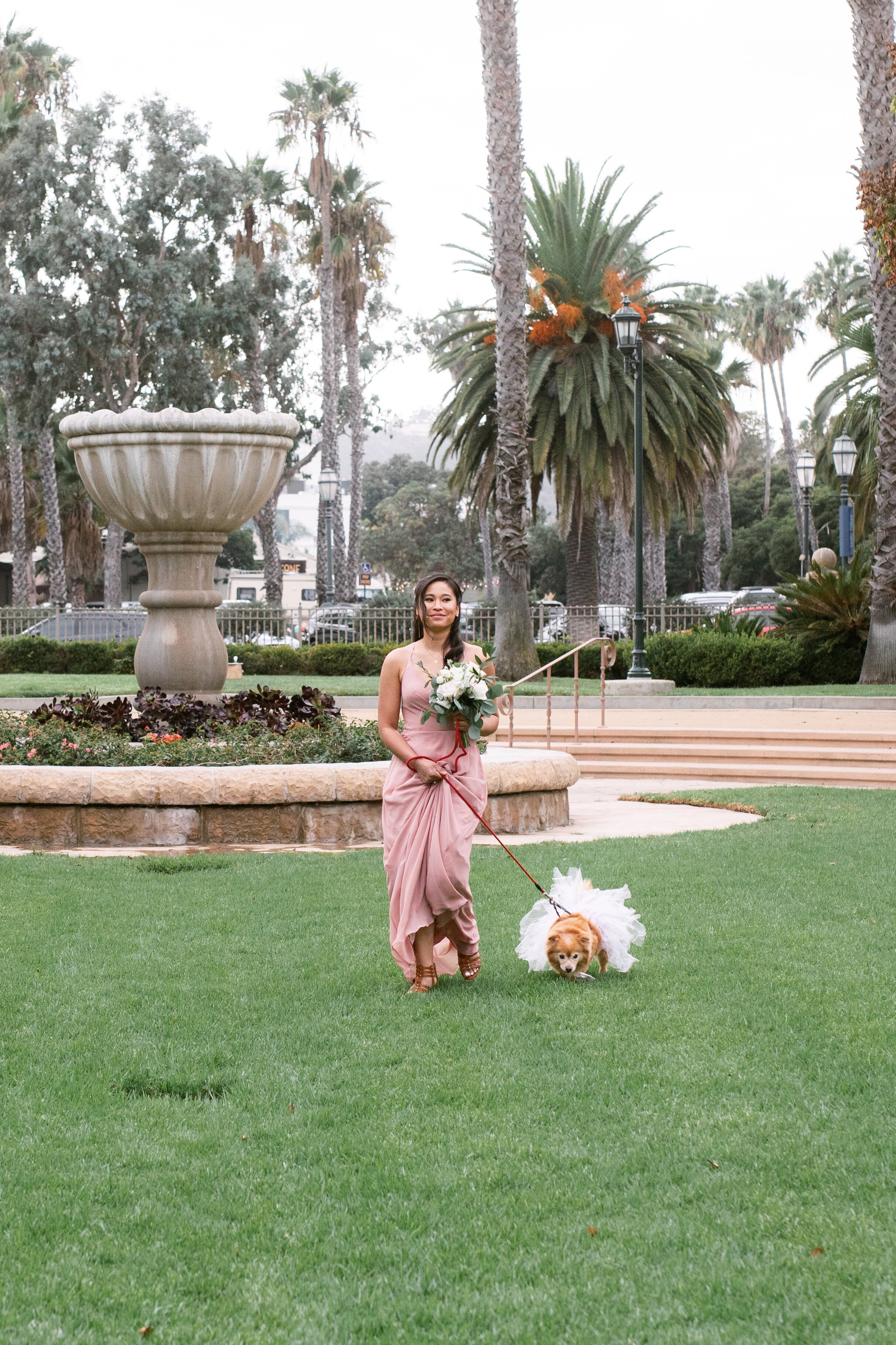 www.santabarbarawedding.com | Events by Fran | Chase Palm Park | Anna Delores Photography | Tangled Lotus | Santa Barbara Chairs | Bridesmaid Walking Into Ceremony with Dog