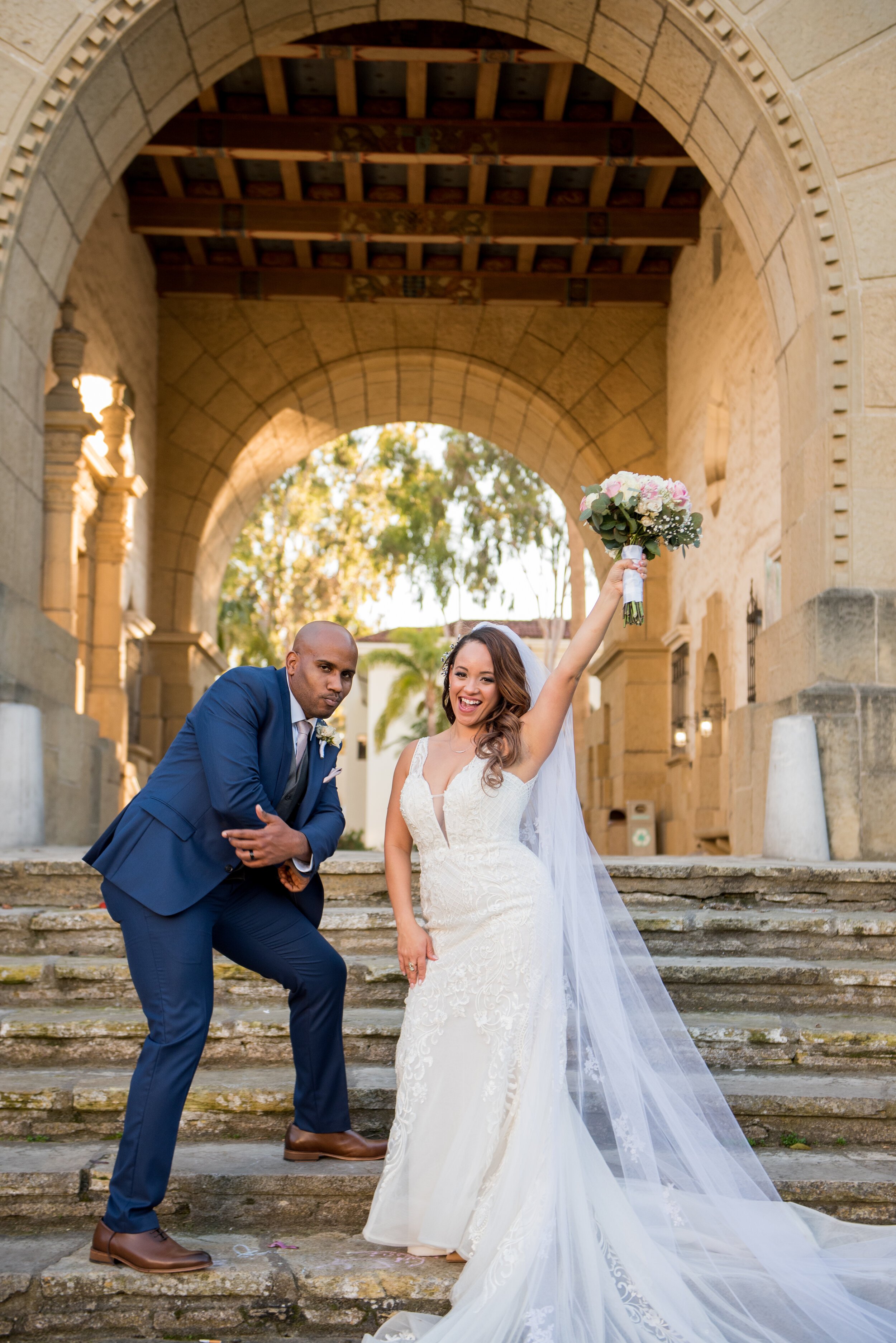 www.santabarbarawedding.com | ByCherry Photography | Santa Barbara Courthouse | Kaycee Dirkse | Santa Barbara Hair &amp; Makeup | Bride and Groom on the Steps of the Courthouse