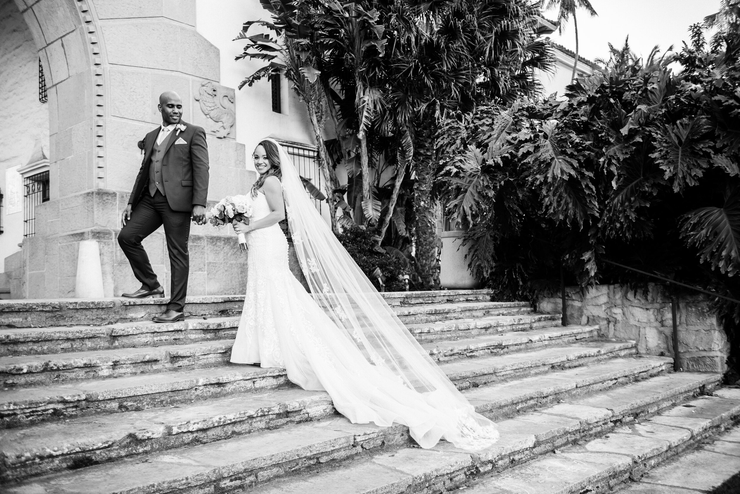 www.santabarbarawedding.com | ByCherry Photography | Santa Barbara Courthouse | Kaycee Dirkse | Santa Barbara Hair &amp; Makeup | Bride and Groom on the Steps of the Courthouse