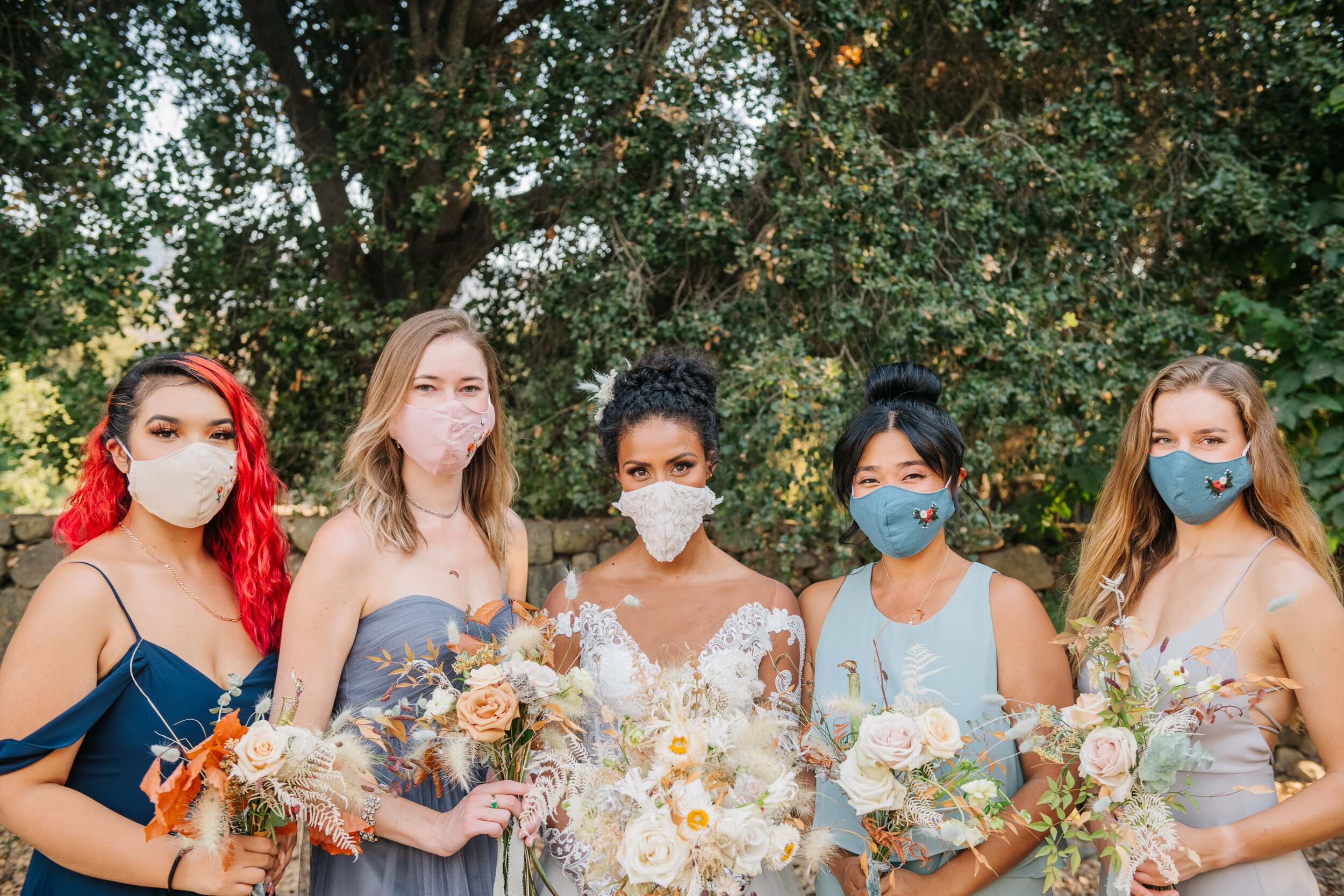 www.santabarbarawedding.com | White Sage Wedding &amp; Events | Cara Robbins Studio | Rogue Styling | Ojala Floral | Styled Bride and Bridesmaids with Masks