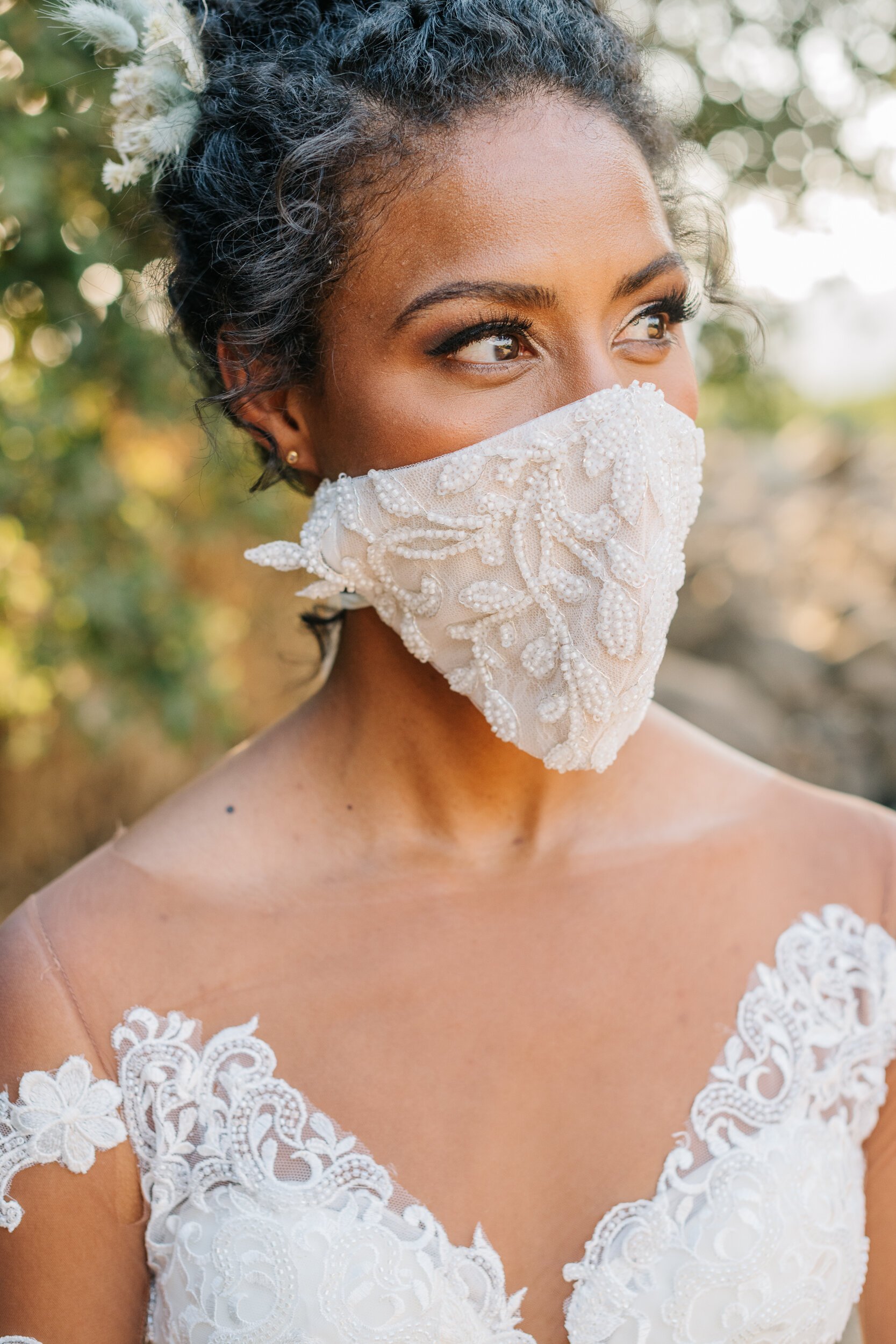 www.santabarbarawedding.com | White Sage Wedding &amp; Events | Cara Robbins Studio | Rogue Styling | Ojala Floral | Styled Bride with Detailed Mask