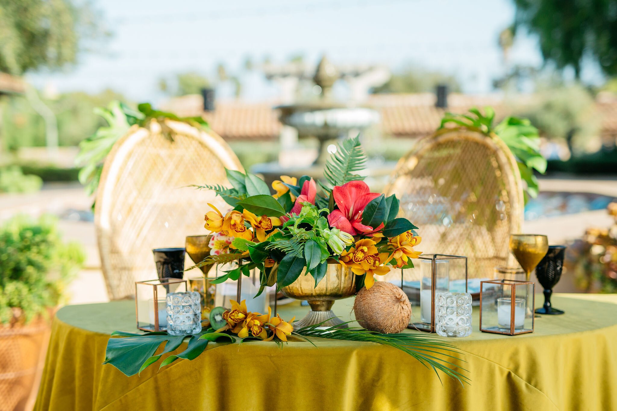 www.santabarbarawedding.com | Ella &amp; Louie | Lerina Winter Photo | Centerpiece of Pink and Yellow Flowers on Bride and Groom’s Reception Table