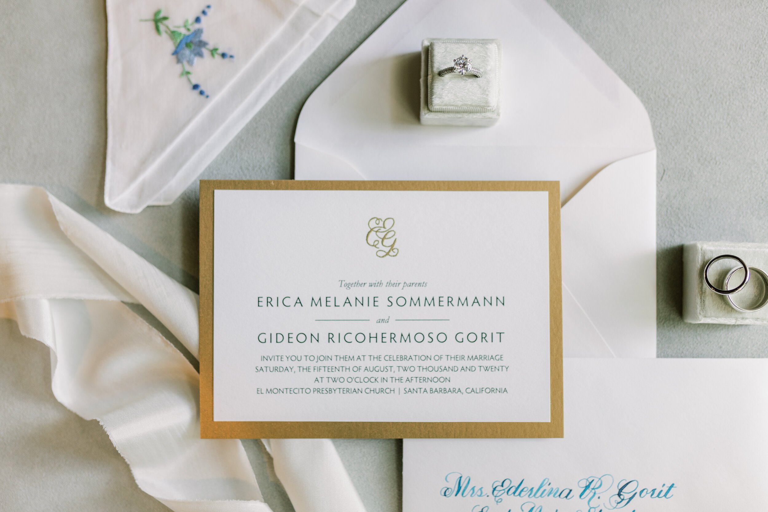 www.santabarbarawedding.com | Jocelyn &amp; Spencer | El Montecito Presbyterian Church | Brilliant Earth | Wedding Invitation and Rings