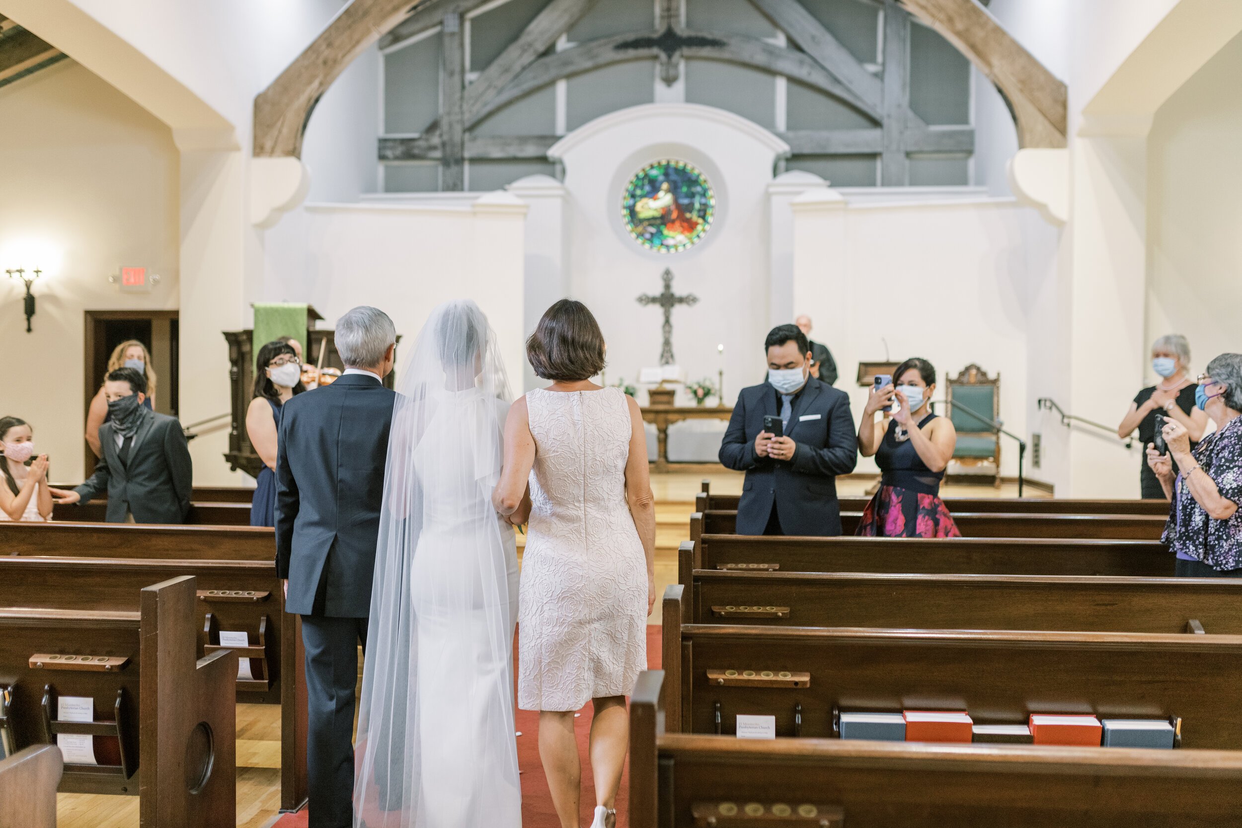 www.santabarbarawedding.com | Jocelyn &amp; Spencer | El Montecito Presbyterian Church | Lulus Indochino | Bride Walking Down the Aisle with Parents