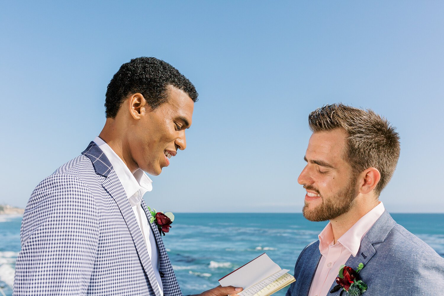 www.santabarbarawedding.com | Renoda Campbell Photography | Renoda Campbell Events | Men’s Wearhouse | Flourish Event &amp; Floral Design | Grooms Share Their Vows by the Ocean