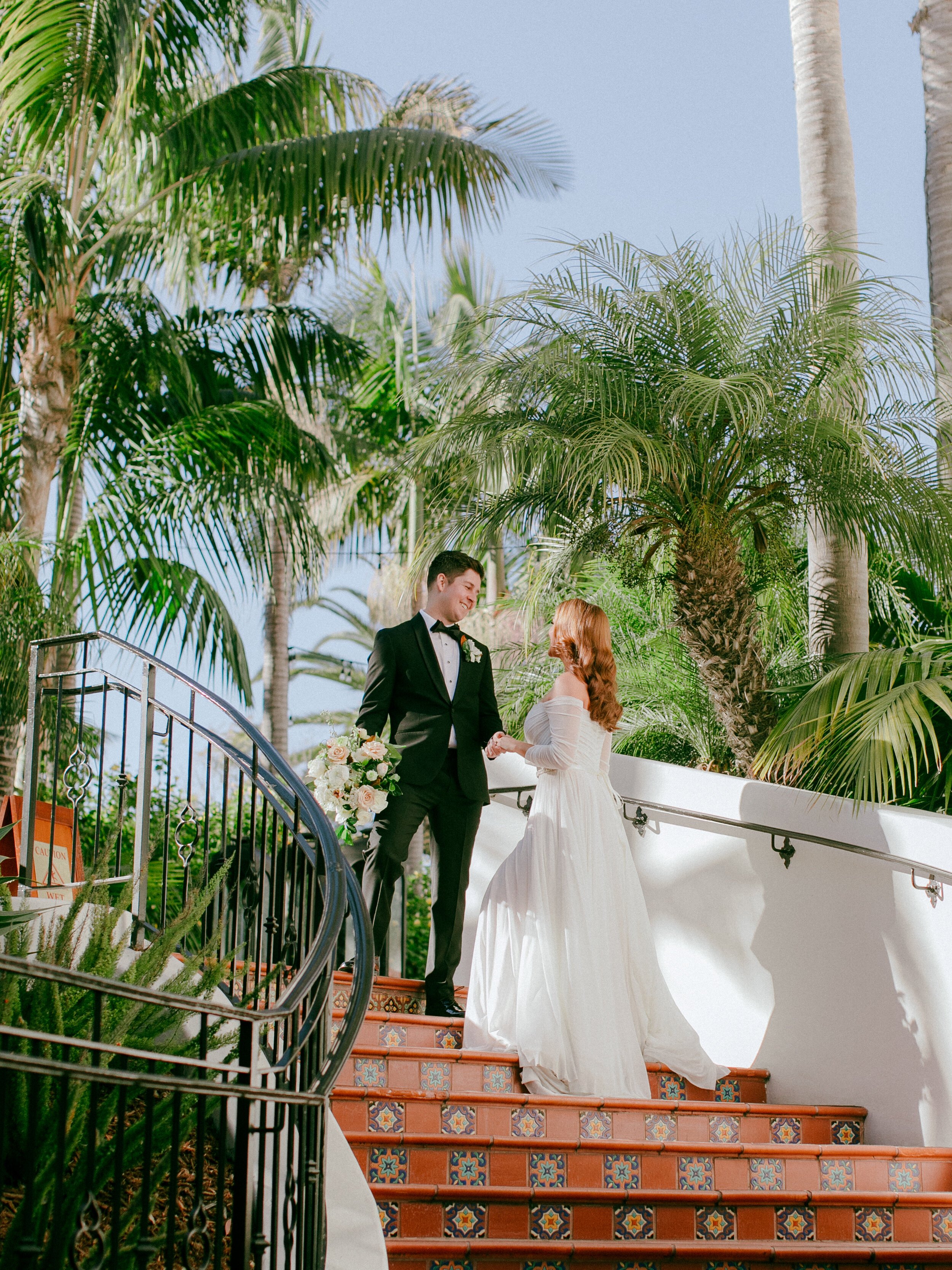 www.santabarbarawedding.com | The Ritz-Carlton Bacara | Santa Barbara Elopement | Chris J. Evans | Intrepid Floral Co. | TEAM Hair &amp; Makeup | Bride and Groom on the Stairs
