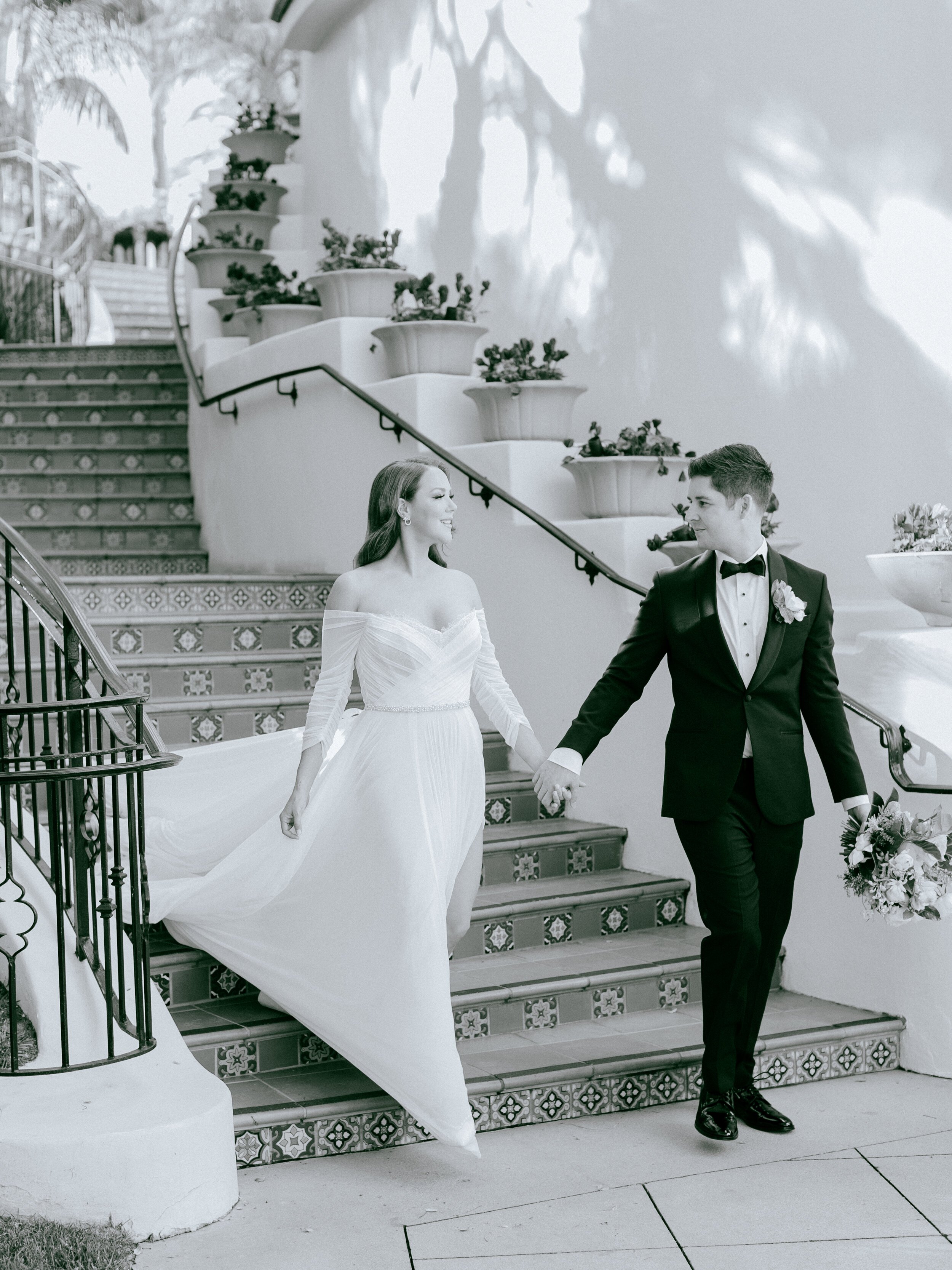 www.santabarbarawedding.com | The Ritz-Carlton Bacara | Santa Barbara Elopement | Chris J. Evans | Intrepid Floral Co. | TEAM Hair &amp; Makeup | Bride and Groom on the Stairs
