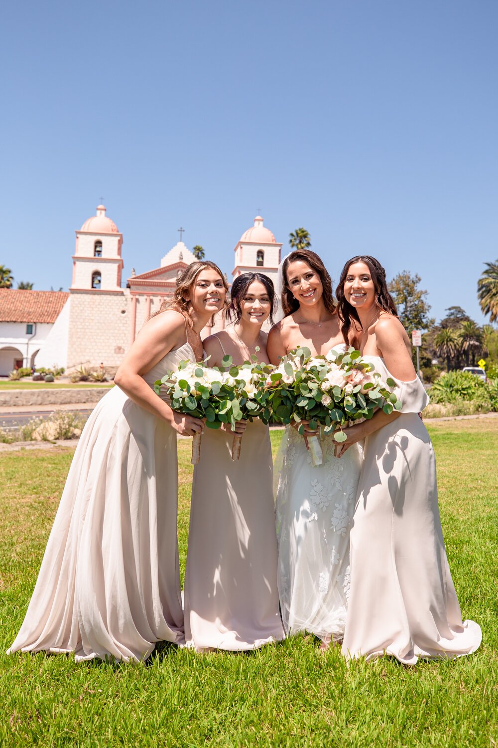 www.santabarbarawedding.com | Kiernan Michelle Photography | Old Mission Santa Barbara | Sohi Productions | Bride with Bridesmaids and Bouquets