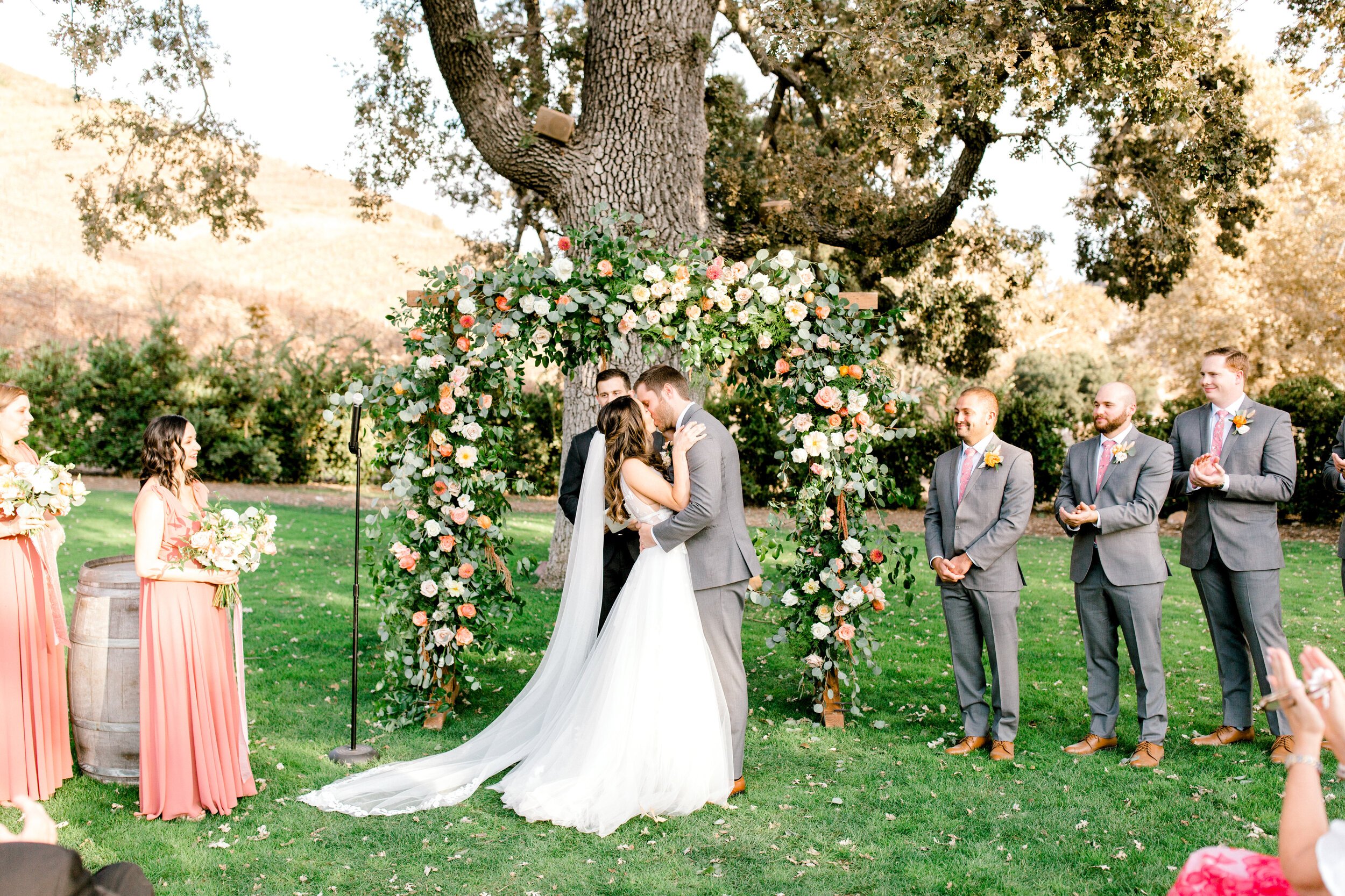 www.santabarbarawedding.com | Events by Fran | Brooke Borough Photography | Triunfo Creek Vineyards | Velvet Blooms | A Rental Connection | Bouquet Sound | Lili Bridals | Bride and Groom First Kiss