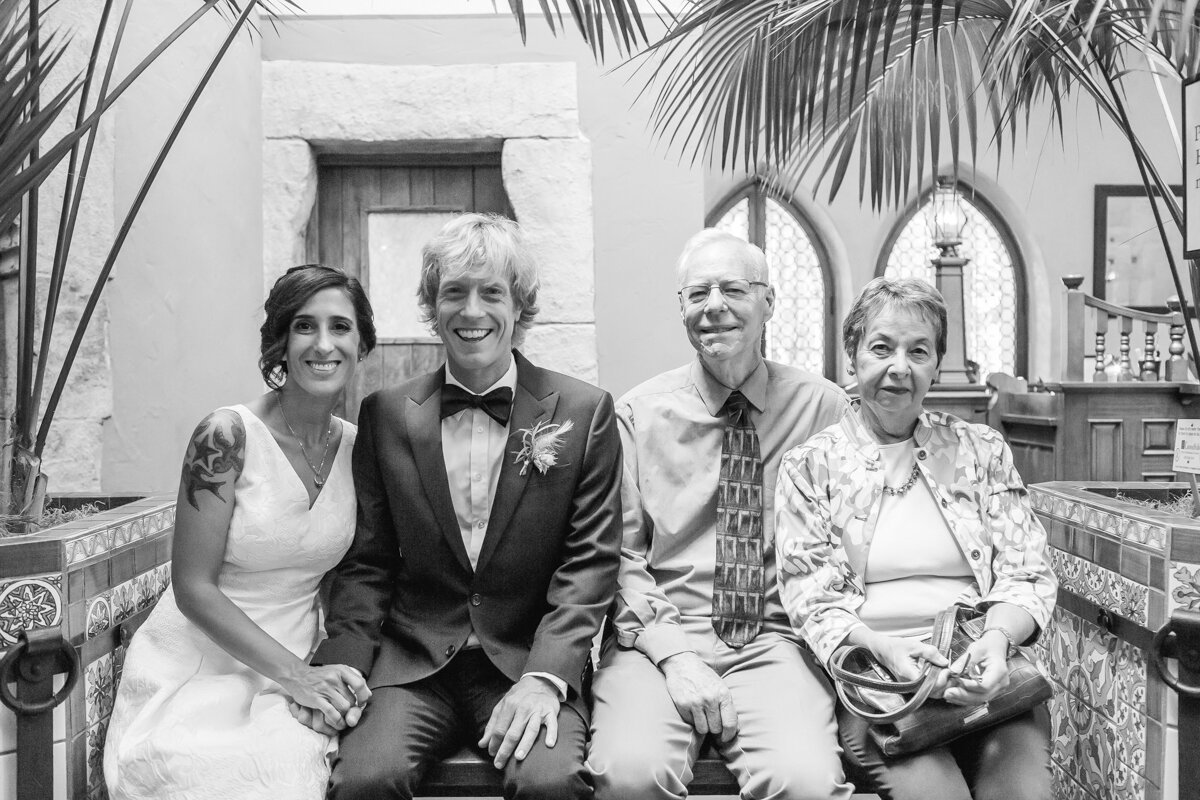 www.santabarbarawedding.com | Aurelia D’Amore Photography | Santa Barbara Courthouse | Haute Blossoms Floral | Alice and Olivia | Bride and Groom with Parents
