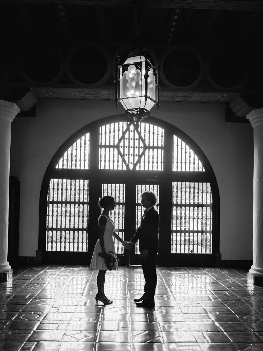 www.santabarbarawedding.com | Aurelia D’Amore Photography | Santa Barbara Courthouse | Haute Blossoms Floral | Alice and Olivia | Bride and Groom Share a Moment