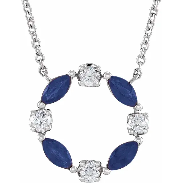 www.santabarbarawedding.com | Fine Jewelry Wholesaler | 14K White Blue Sapphire &amp; 1/10 CTW Diamond Circle 18” Necklace 