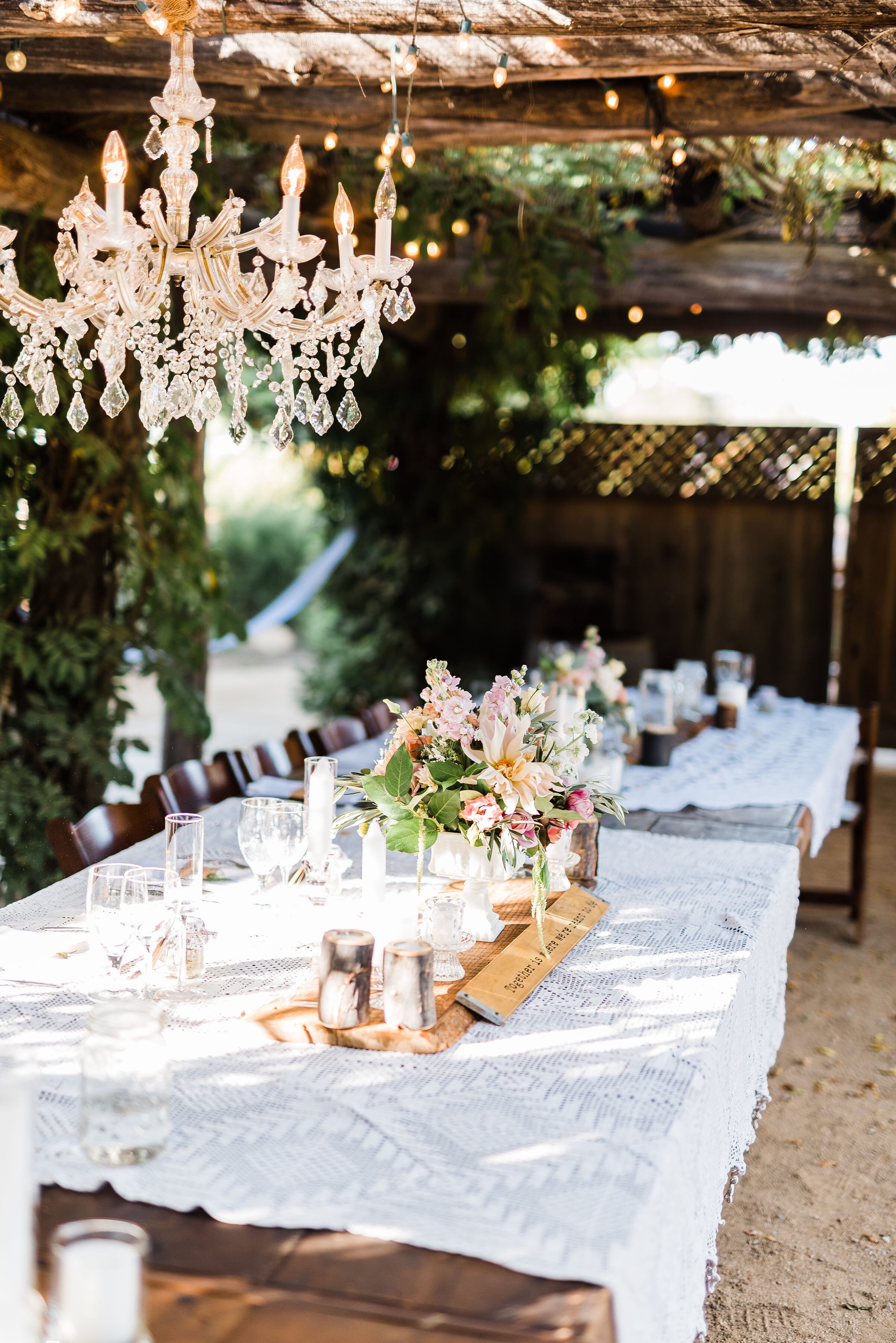 www.santabarbarawedding.com | Roblar Winery and Farm | Brittany Taylor Photography | Reception Table Set Up with Chandelier