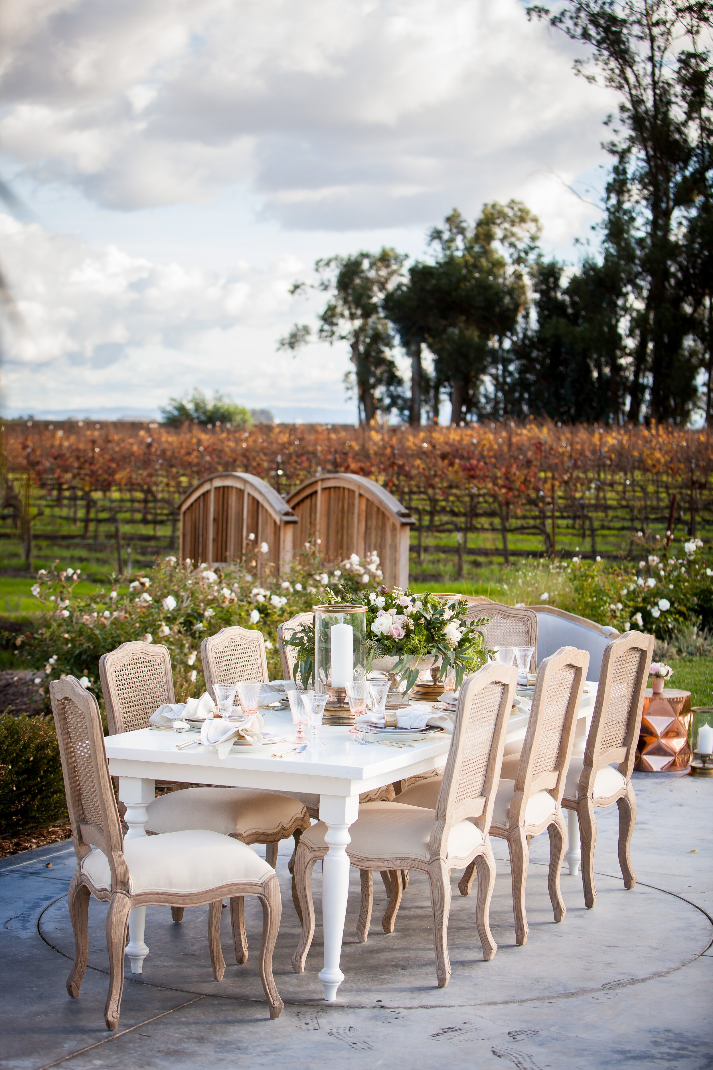 www.santabarbarawedding.com | Bright Event Rentals | Cornerstone Sonoma | Reception Tables with Fall Trees in the Background