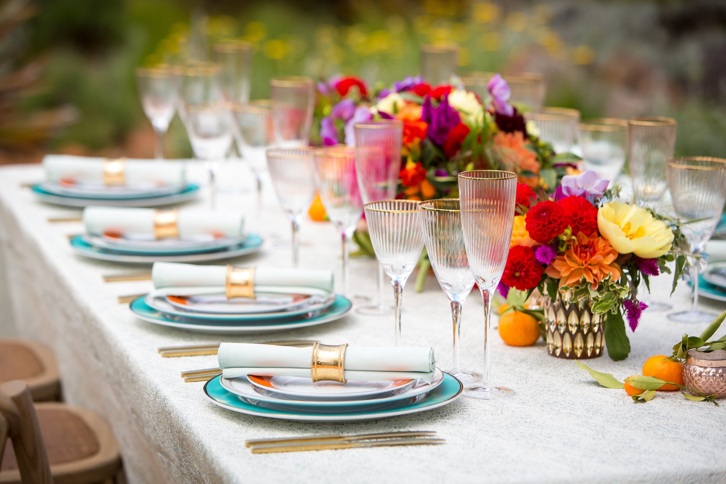 www.santabarbarawedding.com | Bright Event Rentals | Spence Estate and Sonoma Warehouse | Colorful Table Displays