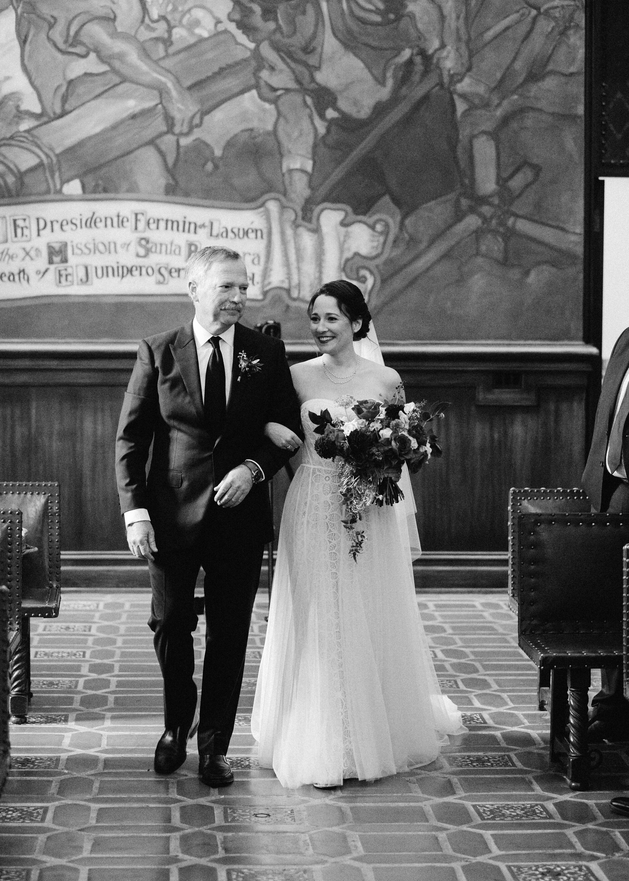 www.santabarbarawedding.com | Lerina Winter | Santa Barbara Courthouse | Margaret Joan Floral | Beautie by Dominique | Bride Walking Down Aisle with Father