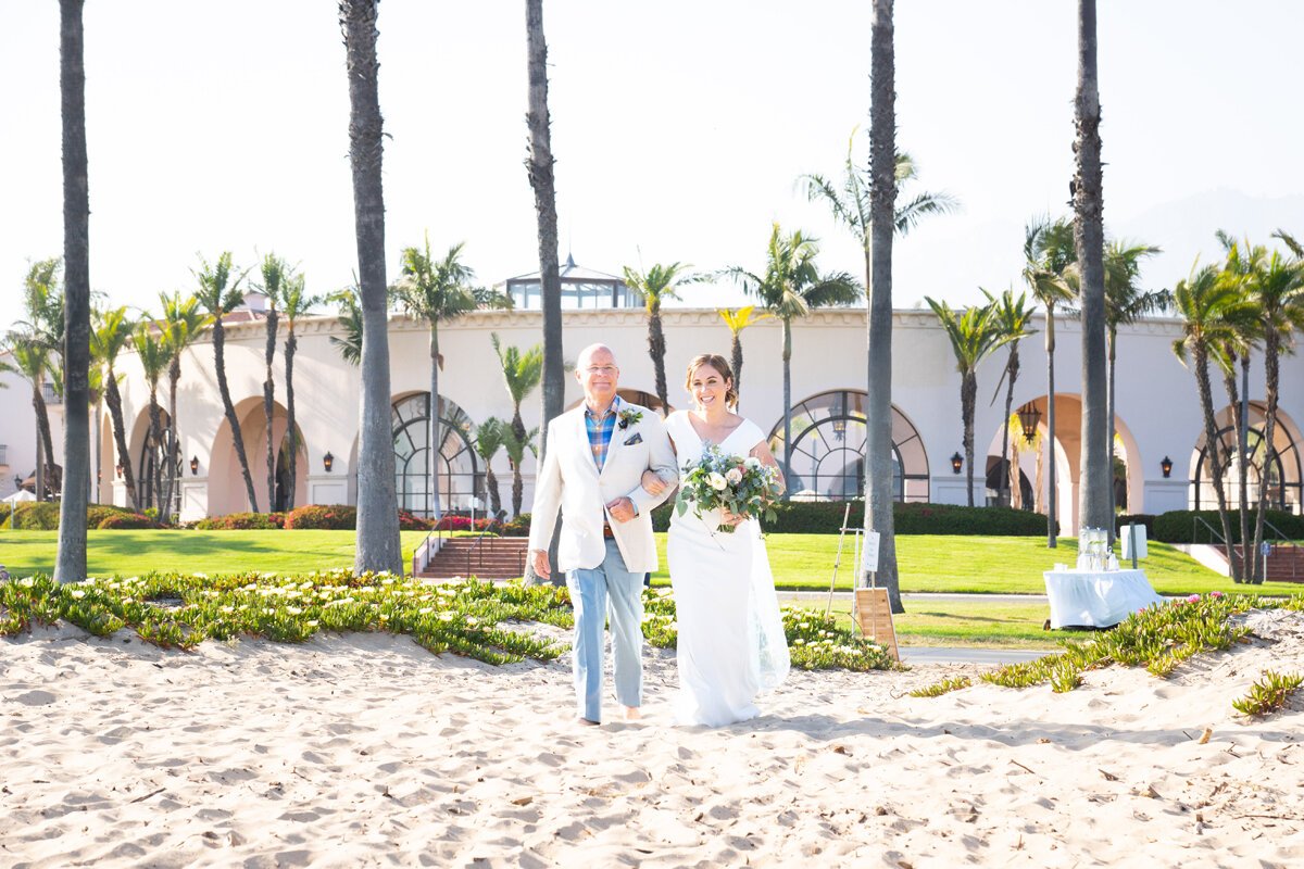 www.santabarbarawedding.com | Hilton SB Beachfront Resort | Peterson Design &amp; Photography | Kindred Weddings &amp; Events | BHLDN | Julie Harris Designs | Bride Walking Into Ceremony with Father