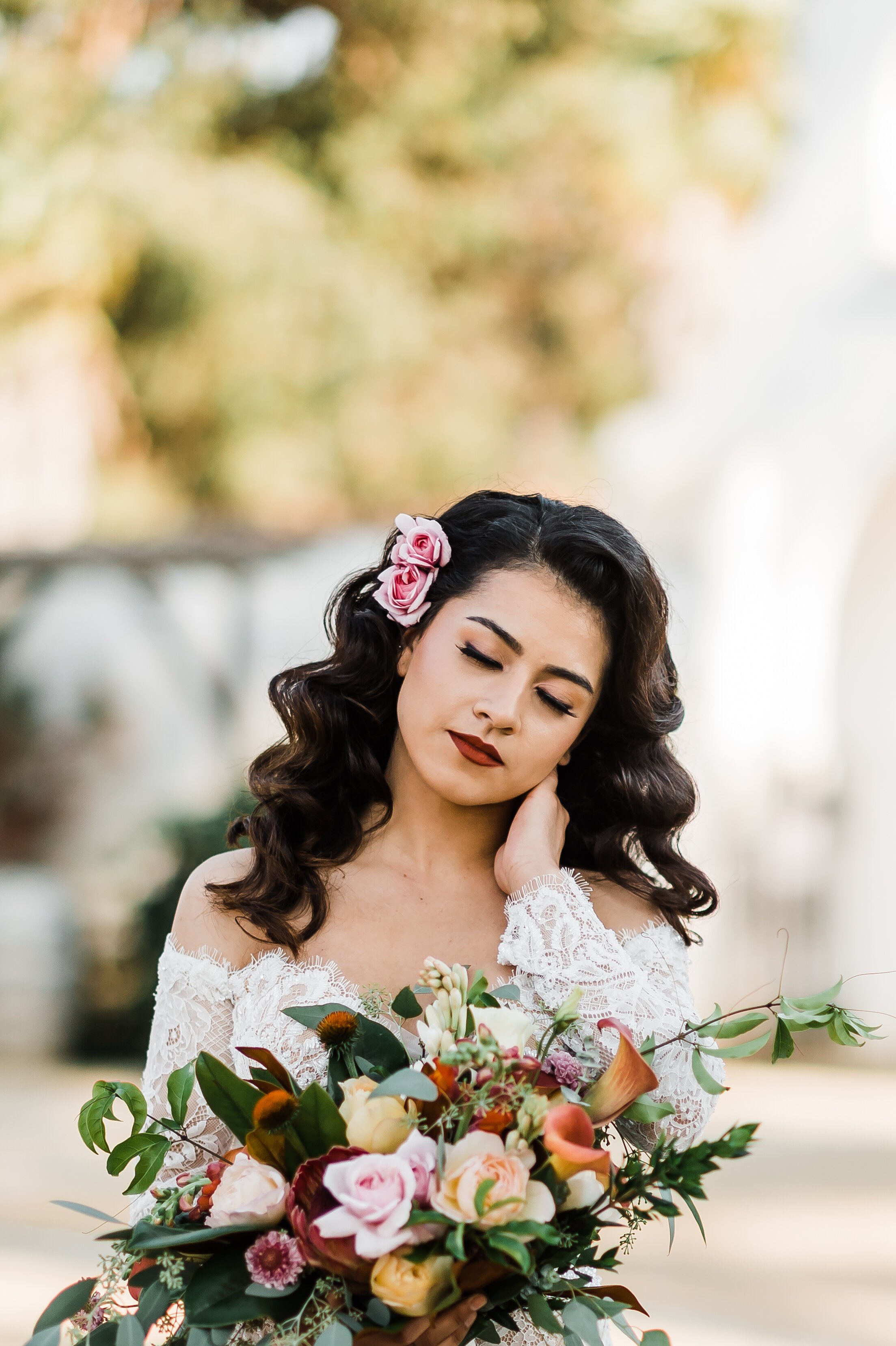 www.santabarbarawedding.com | Michelle Ramirez Photography | Olivas Adobe | Karen Marie Events | Tangled Lotus | Brenda Hendricks Artistry | Close Up of Bride with Bouquet