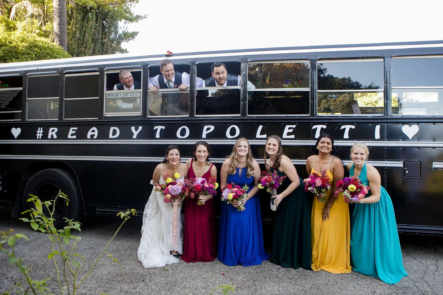 www.santabarbarawedding.com | Nightingale Photography | Rancho Dos Pueblos | Wild Hearts Events | TEAM Hair &amp; Makeup | Knot Just Flowers | Wedding Party In Front of Bus