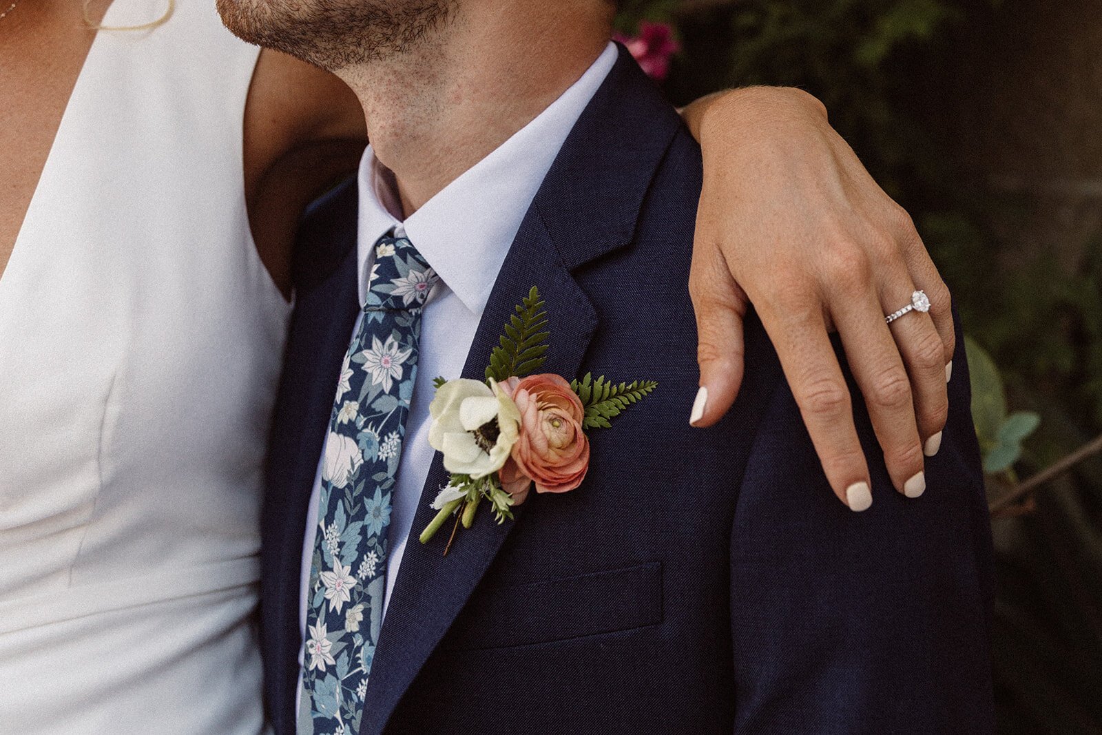 www.santabarbarawedding.com | Isabella Griffith Photography | Santa Barbara Club | Fern &amp; Foxtail | groom navy blue suit with peach boutonniere