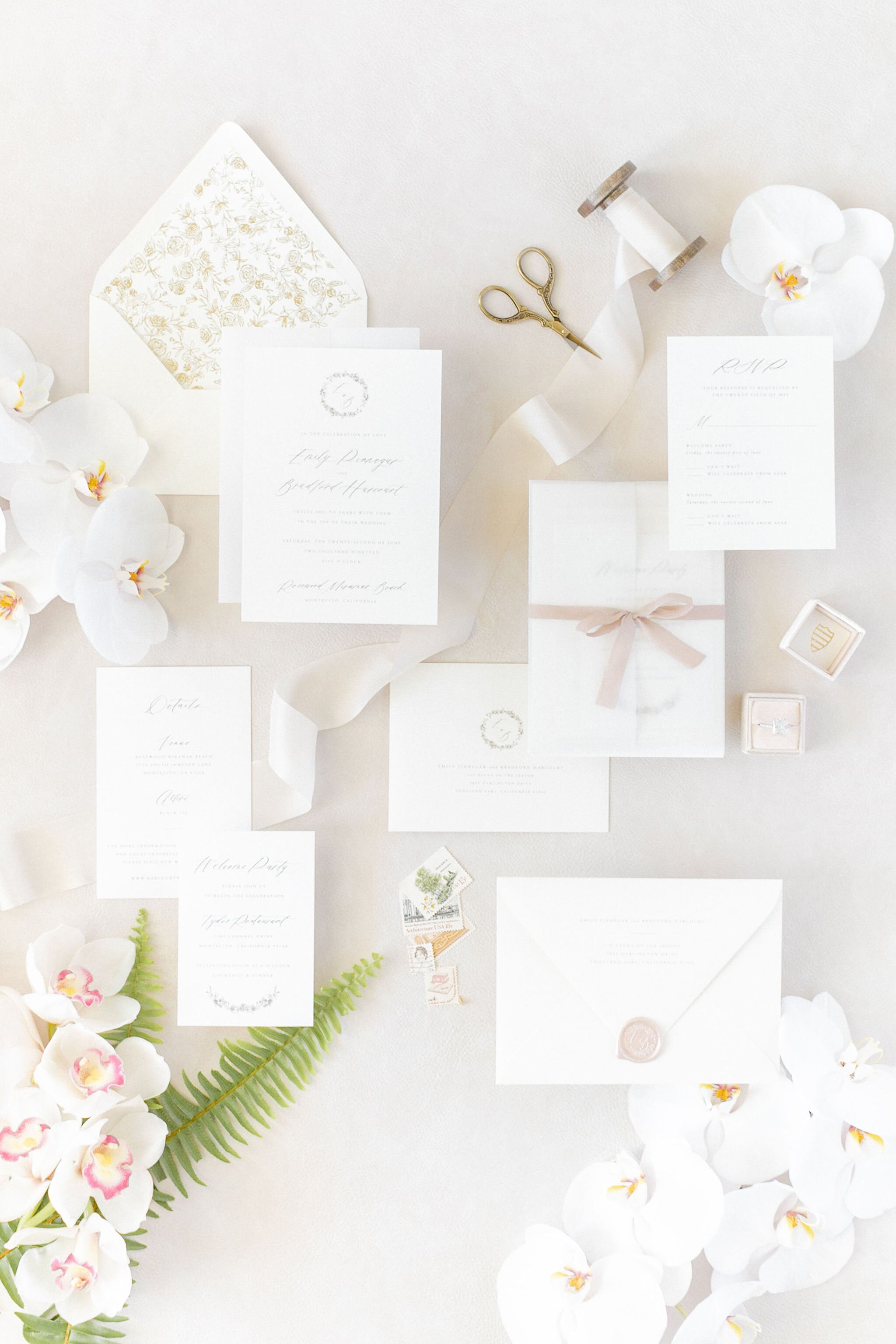 www.santabarbarawedding.com | Charissa Magno Photography | Rosewood Miramar Beach | Event of the Season | HOGUE &amp; CO. | Paula Lee Calligraphy | The Mrs. Box | white floral wedding invitations