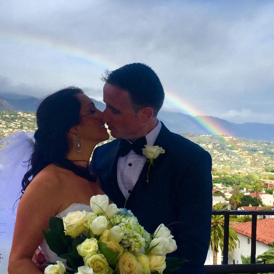 www.santabarbarawedding.com | Riviera Productions | Couple at Courthouse Wedding with Rainbow