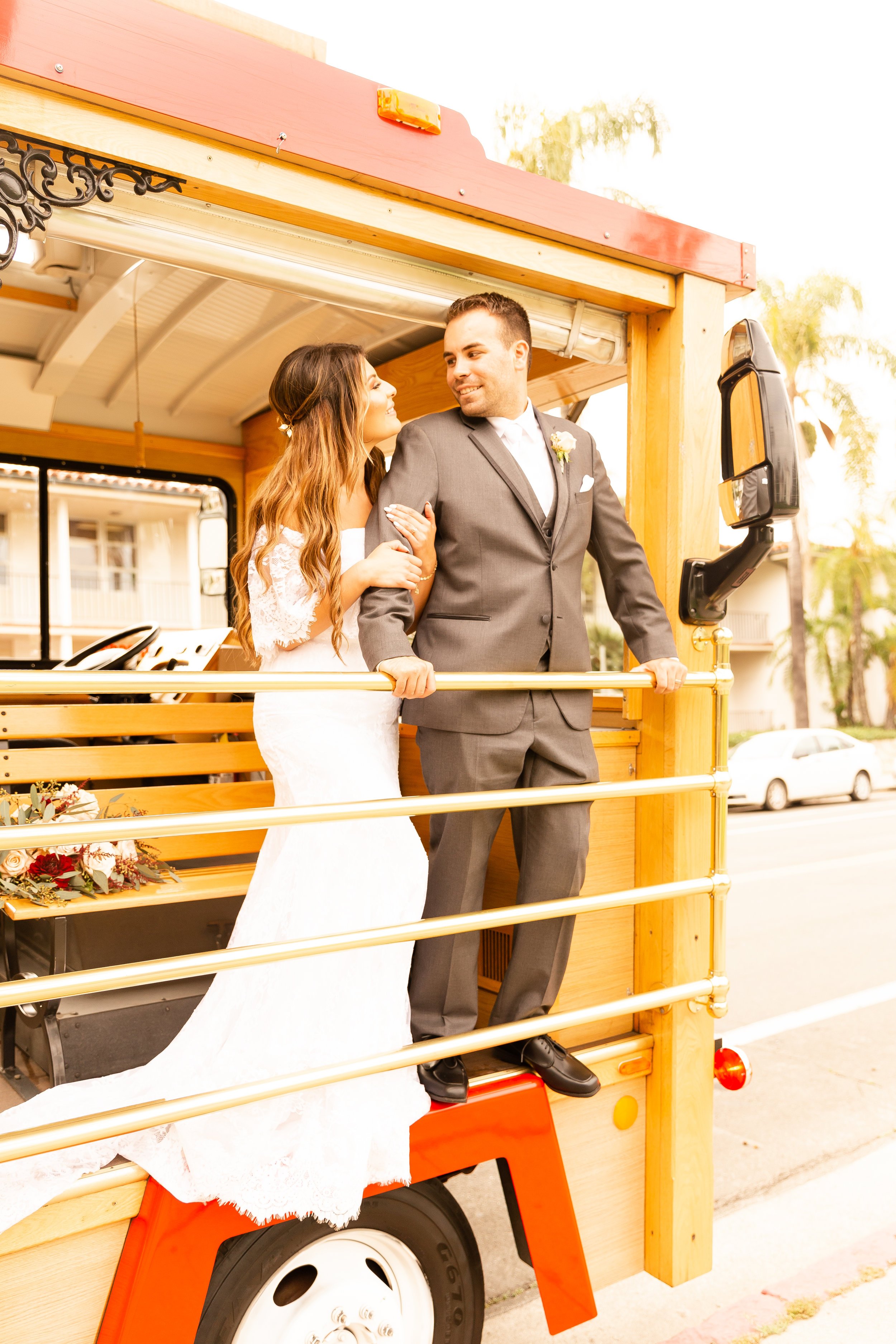 www.santabarbarawedding.com | Shot By Katie Gunz | Manning Park | Santa Barbara Courthouse | Weddings by the Sea | Santa Barbara Trolley Company | wedding couples portraits with trolley