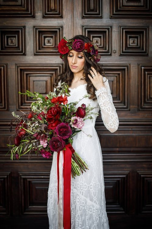 www.santabarbarawedding.com | Ella &amp; Louie | Dark Red and Purple Bouquet and Flower Crown