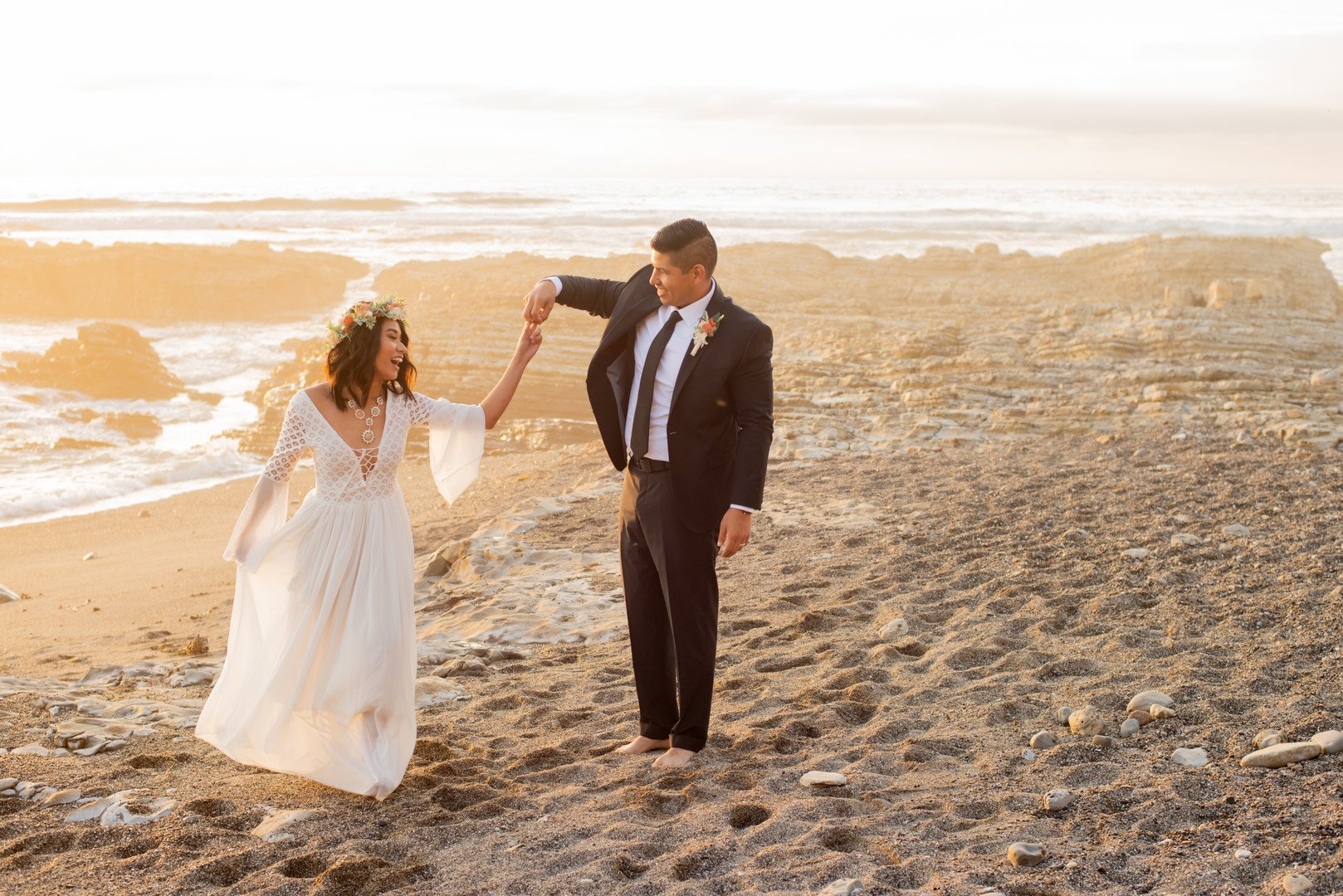 www.santabarbarawedding.com | Staci and Michael Photography | Montana de Oro State Park | EverAfter Wood Floral | Express | Makeup by Madisen Wickliffe | Bride and groom on beach