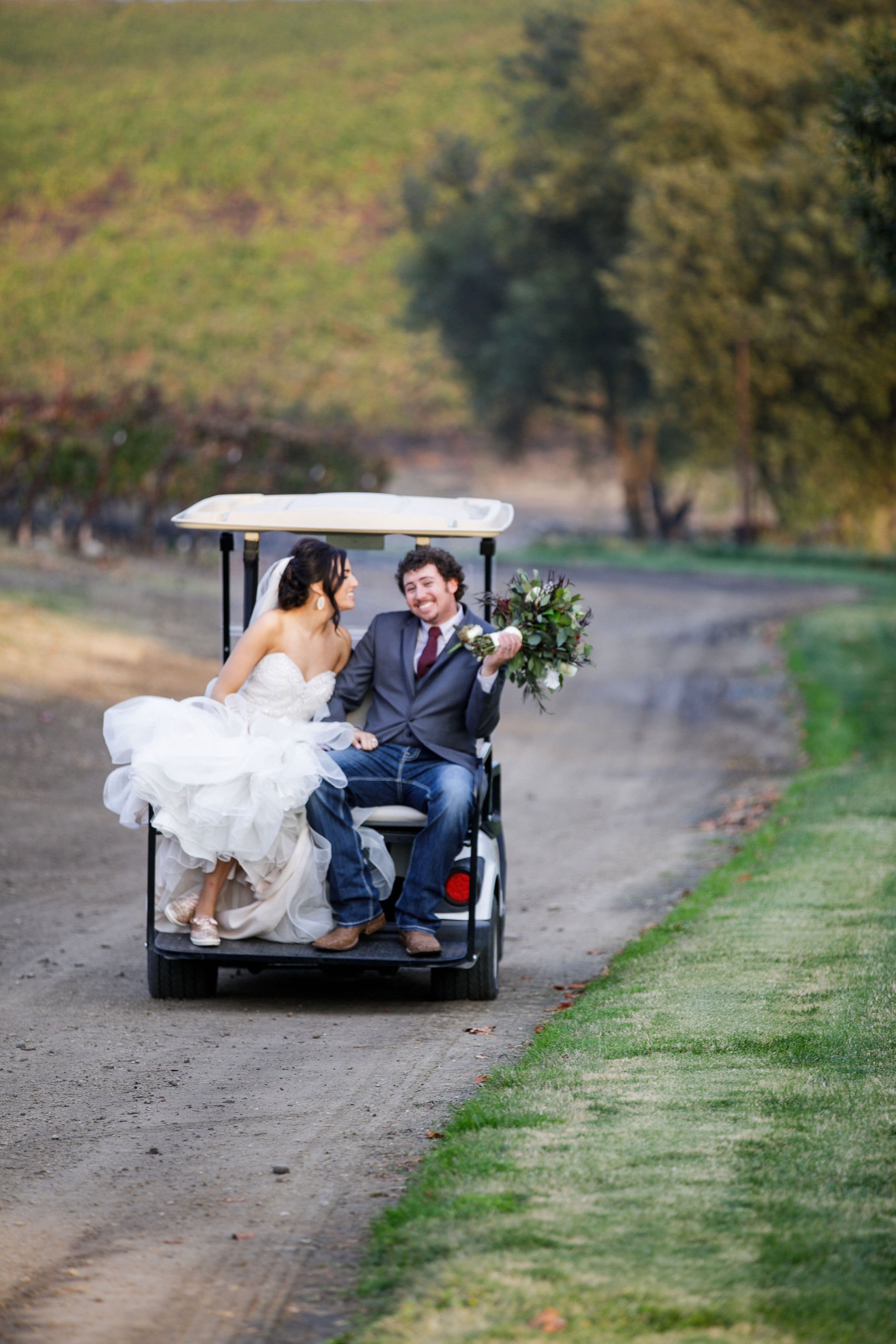 www.santabarbarawedding.com | Kiel Rucker | Greengate Ranch | Kramer Events | Bianca’s Bridal | De La Fleur Flowers | Bride and Groom Ride Away on Golf Cart 