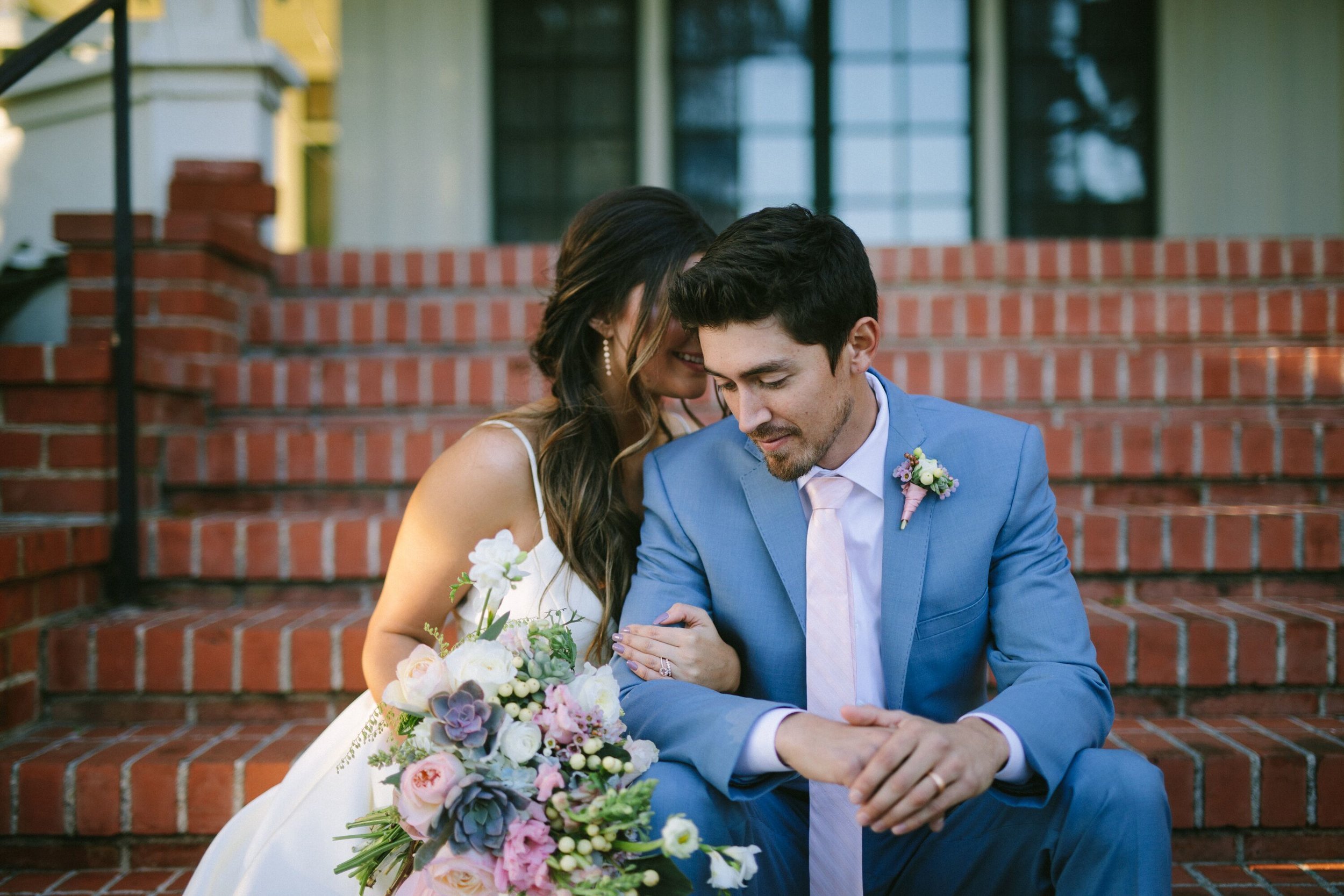 www.santabarbarawedding.com | Photographer: Patrick Ang | Venue: Rancho La Patera &amp; Stow House | Wedding Planner: Elyse Rowen of Elyse Events | Bride and Groom on Reception Steps