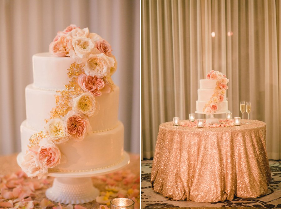 www.santabarbarawedding.com | Peach and Gold Cake | Wedding Cake Inspiration | Belmond El Encanto | Gold Cake Table | La Tavola Linen | Michelle Beller Photography
