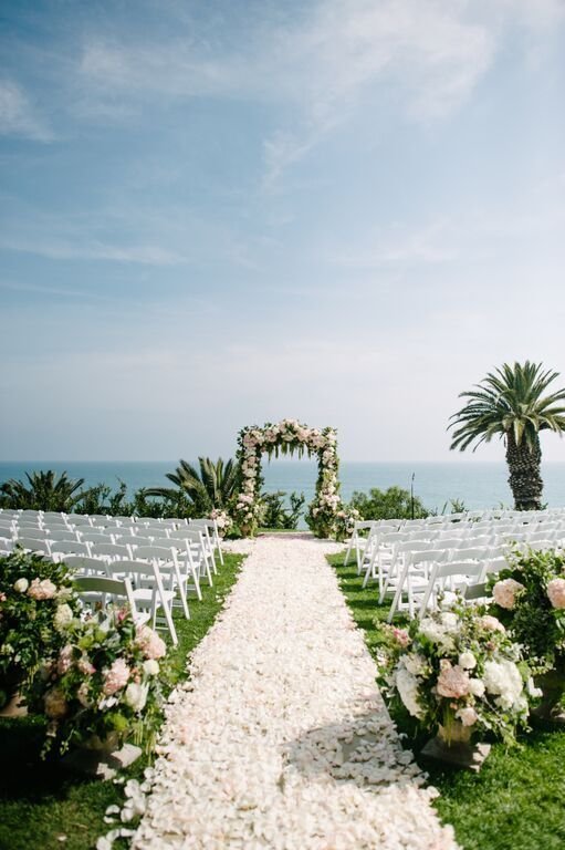 Santa Barbara Wedding Style | Santa Barbara Wedding Planner | Wedding Florist | Wisteria Lane | Altar Decor | Altar Floral | Pale Pink | Rose Petal Runner | Ocean View Ceremony