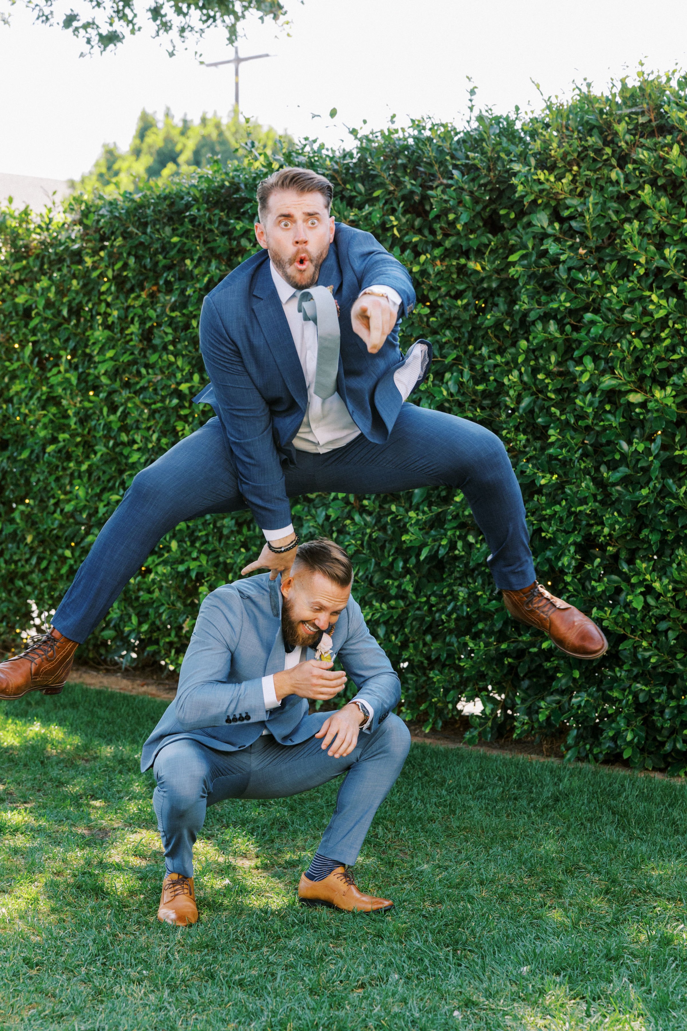 www.santabarbarawedding.com | The Santa Barbara Club | Jen Rodriguez | Gatherings for Good | Blooms by Melly | Groomsman Jumping Over Groom