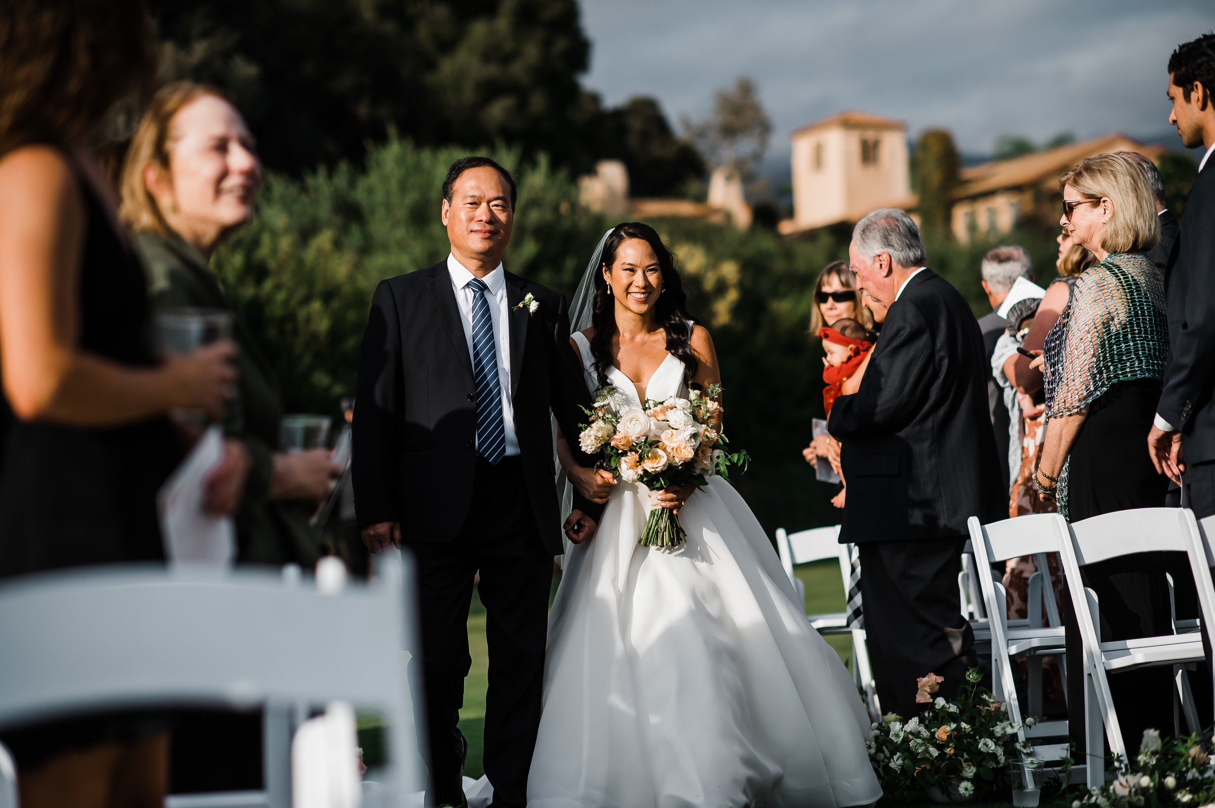 www.santabarbarawedding.com | Michelle Ramirez | Montecito Club | Felici Events | Antheia Floral Design | NV Glam Studio | Just 4 Fun Party Rentals | Bride Walking Down Aisle with Father