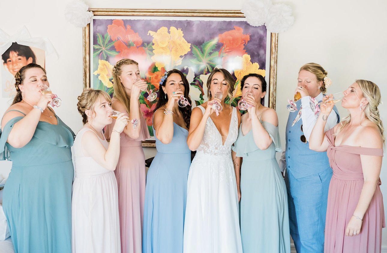 www.santabarbarawedding.com | RG Photography | Events by Fran | Godric Grove | Bride and Bridesmaids Having a Drink Before Ceremony