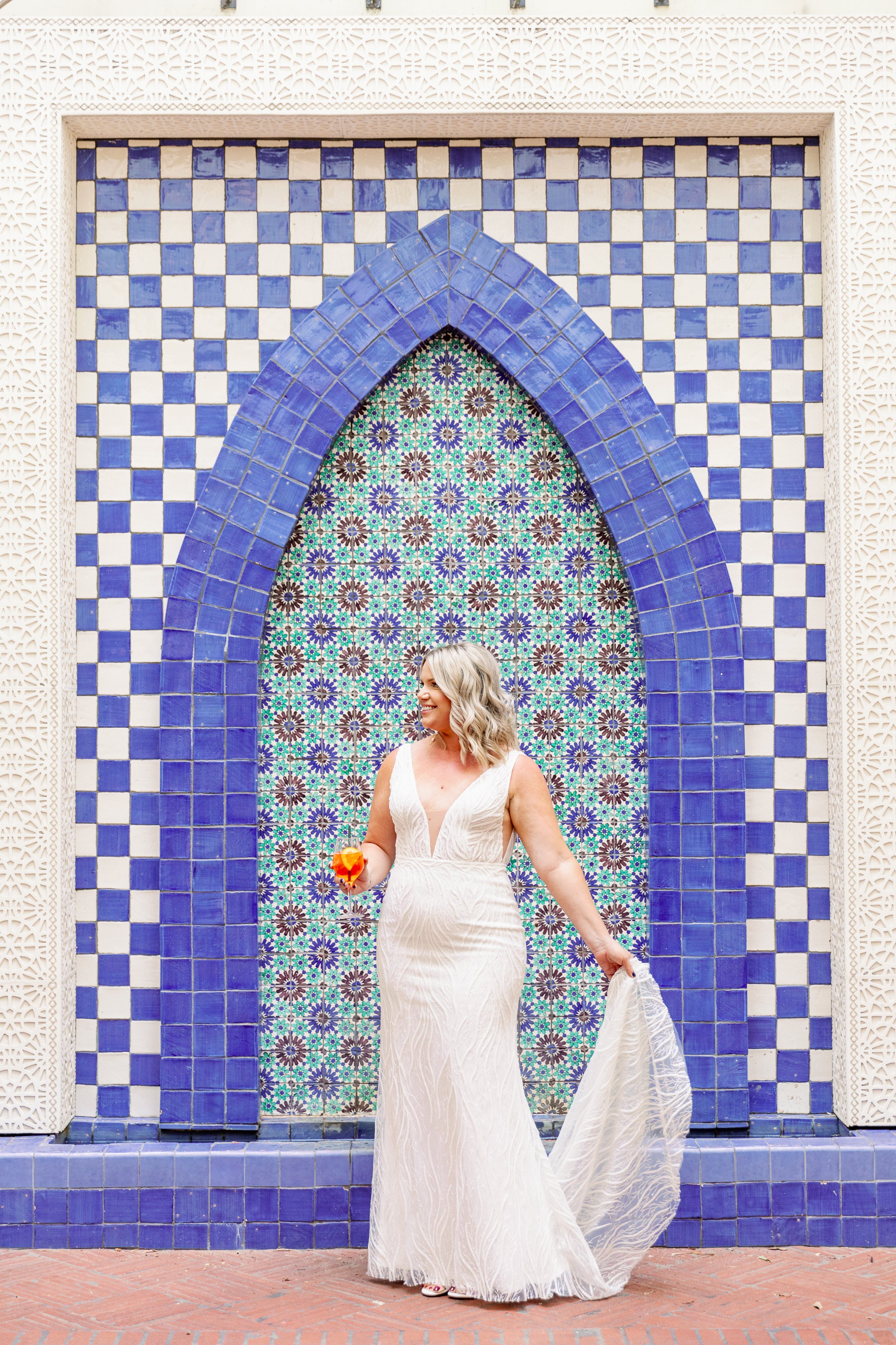 www.santabarbarawedding.com | Ashley LaPrade | Kimpton Canary Hotel | Luck Eleven | Perry Floral | Krysta Biancone | Rose Jones | Made with Love Bridal | Bride in Front of Tile Wall