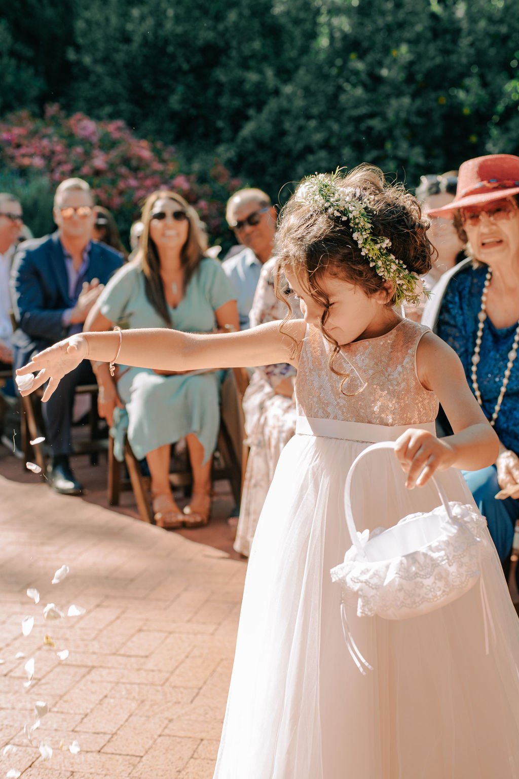 www.santabarbarawedding.com | Events by Fran | Quail Ranch | Scott Andrew Co. | Friar Tux | Flower Girl Dropping Petals at Ceremony