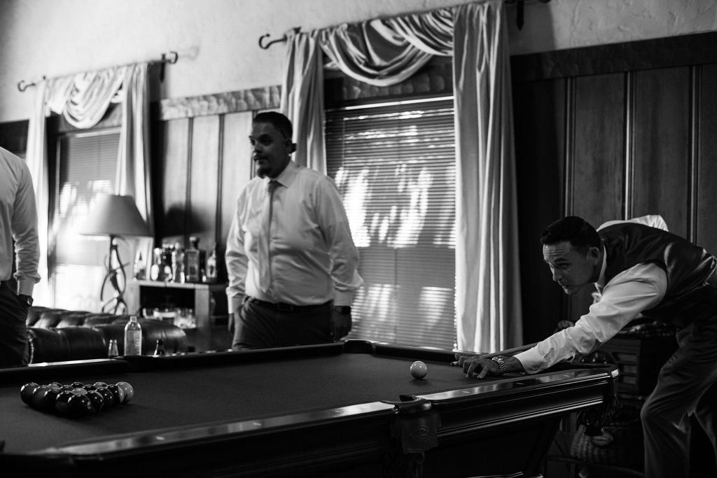 www.santabarbarawedding.com | Events by Fran | Quail Ranch | Scott Andrew Co. | Friar Tux | Groom Playing Pool Before Ceremony