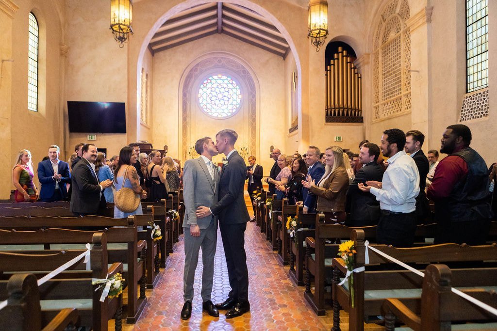 www.santabarbarawedding.com | Unitarian Society of Santa Barbara | Gatherings for Good | Grooms Kiss At the Ceremony