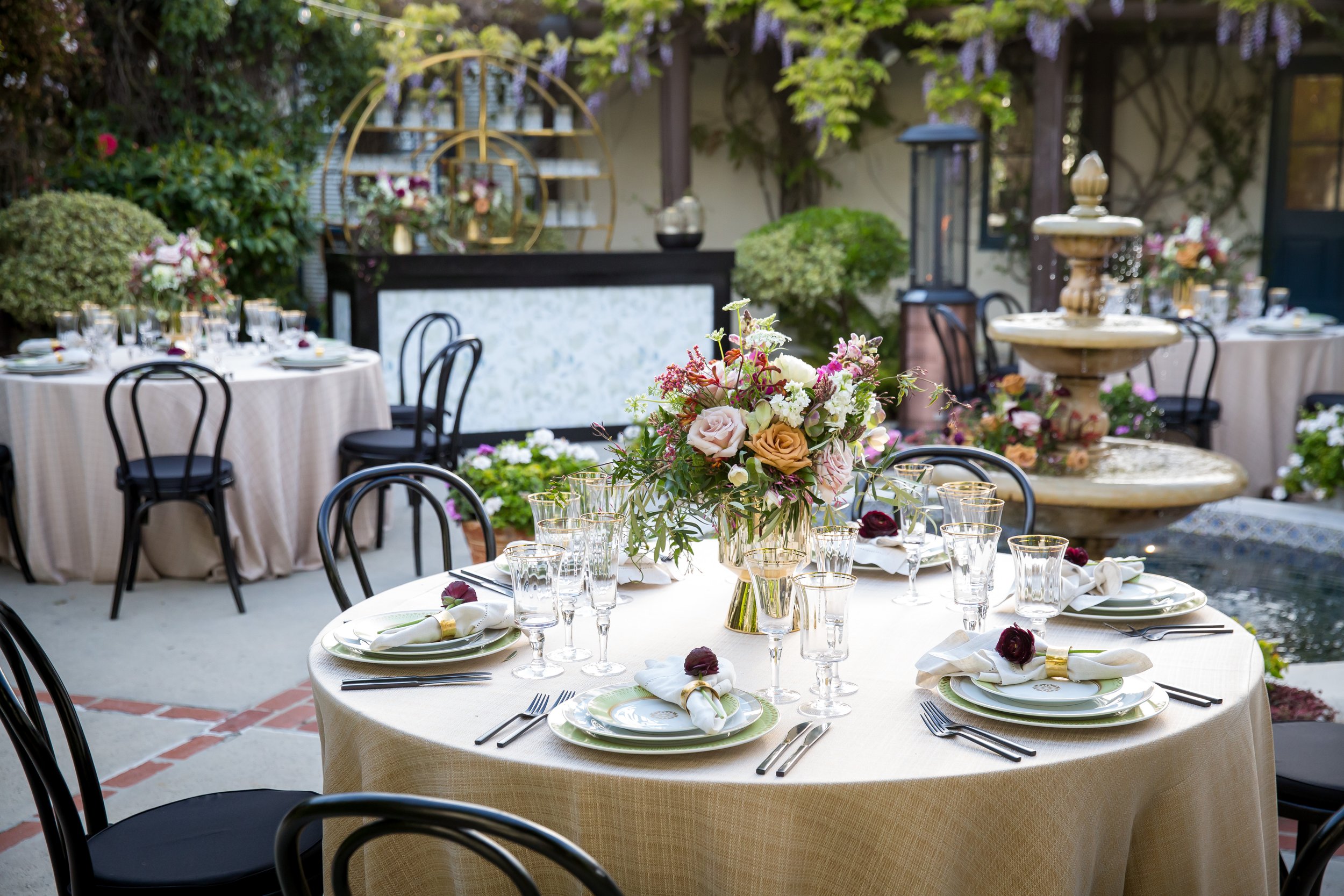 www.santabarbarawedding.com | Bright Event Rentals | Some Enchanted Evening | Tablescape Design for Events or Weddings with Black, Gold, and Sage Accents