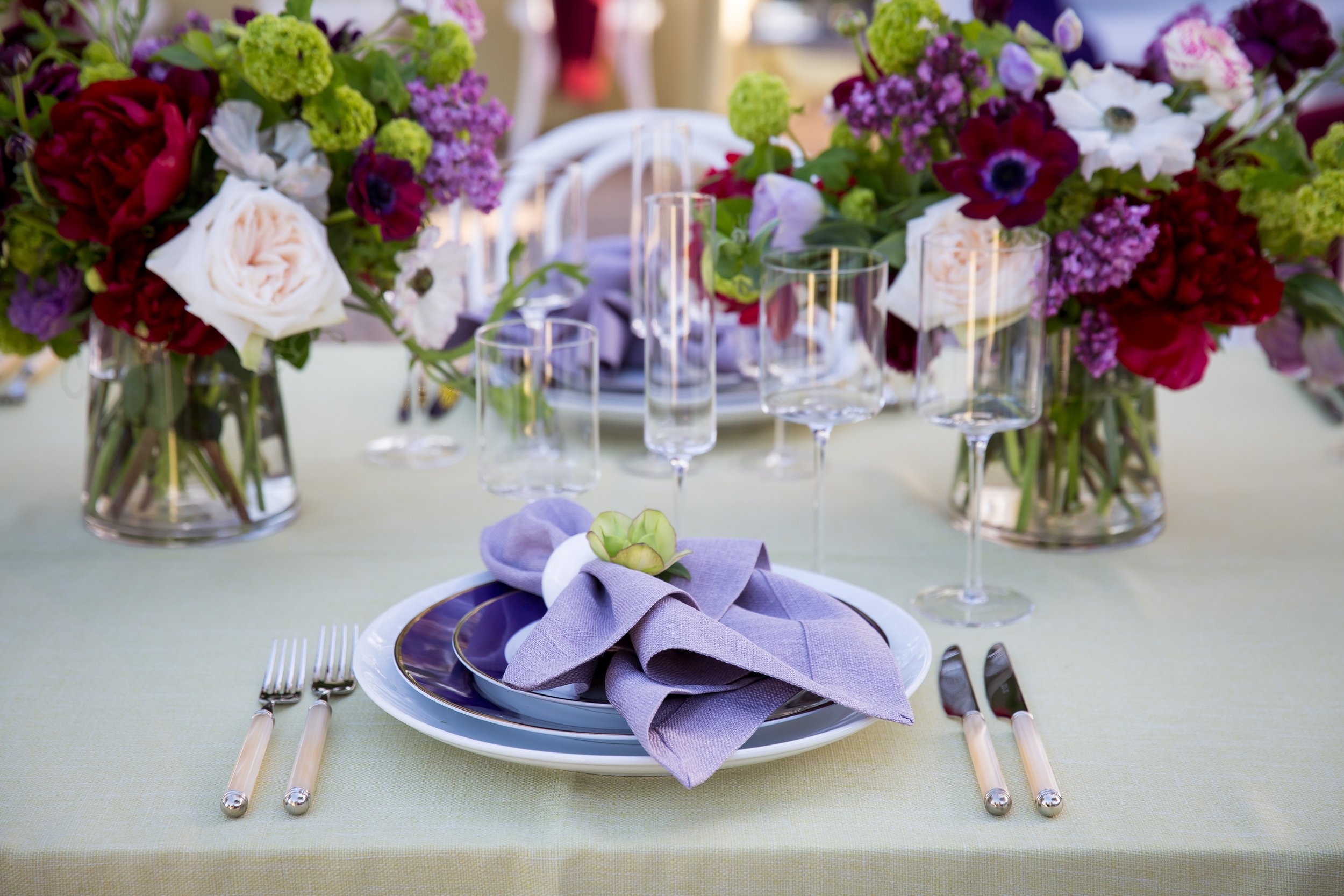 www.santabarbarawedding.com | Bright Event Rentals | Dine in Shades of Aubergine | Purple Wedding Decor and Table Place Settings