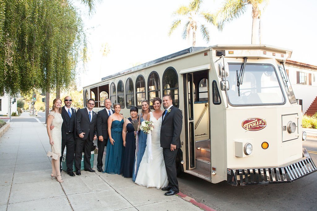 www.santabarbarawedding.com | Rockstar Trolley | Melissa Musgrove Photography | White Trolley with Wedding Party