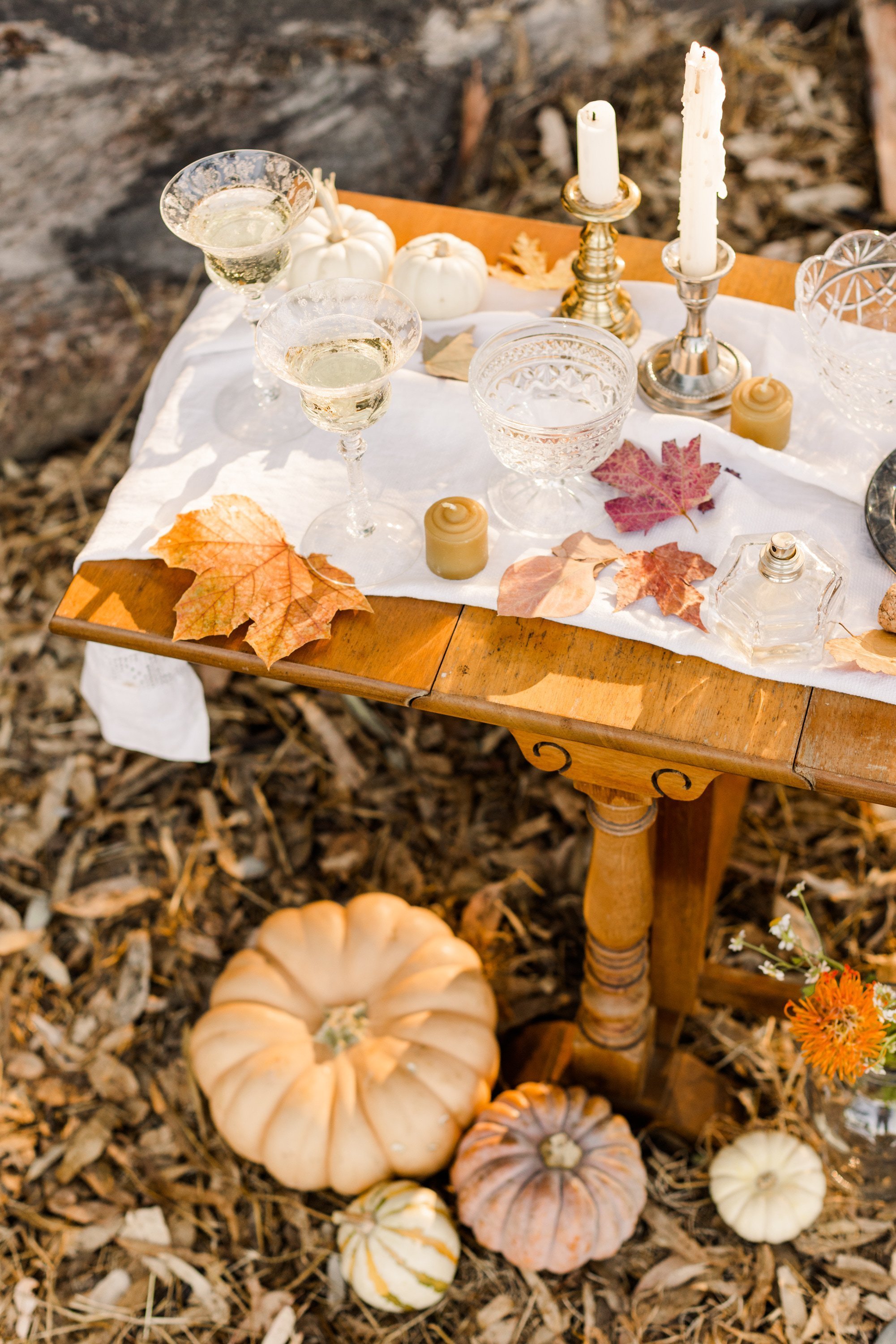 www.santabarbarawedding.com | Veils &amp; Tails Photography | Styled Shoot with Pumpkins, Leaves and Other Fall Details on Reception Table