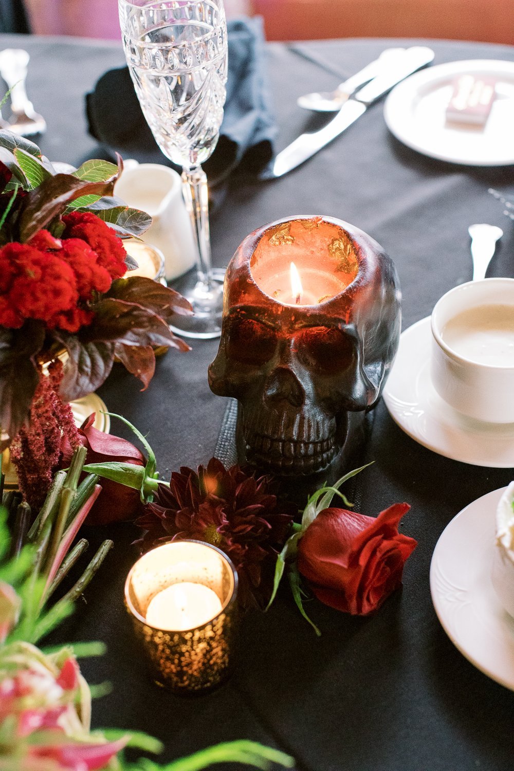 www.santabarbarawedding.com | Renoda Campbell Photography | Skull Candle on Reception Table