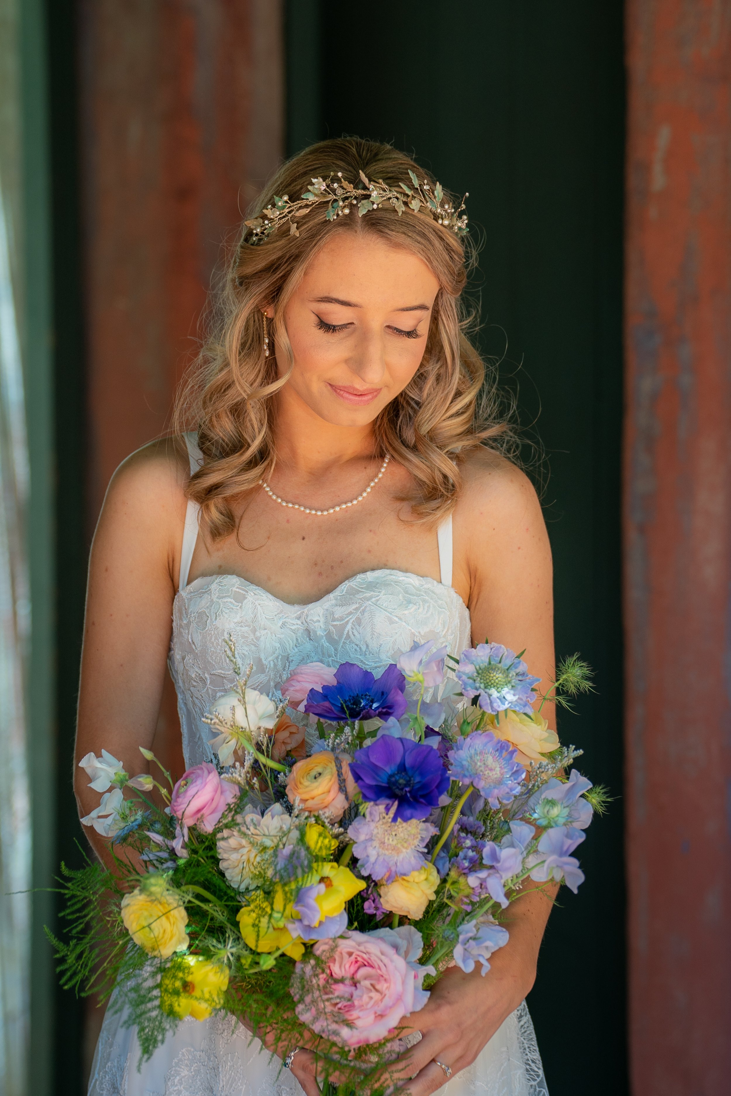 www.santabarbarawedding.com | Santa Barbara Club | Jensen Sutta | Julie Steele | Breanna Wilcox | Tomiko Taft | Breanna Jane Botanicals | Bride with Flower Crown Holding Bouquet