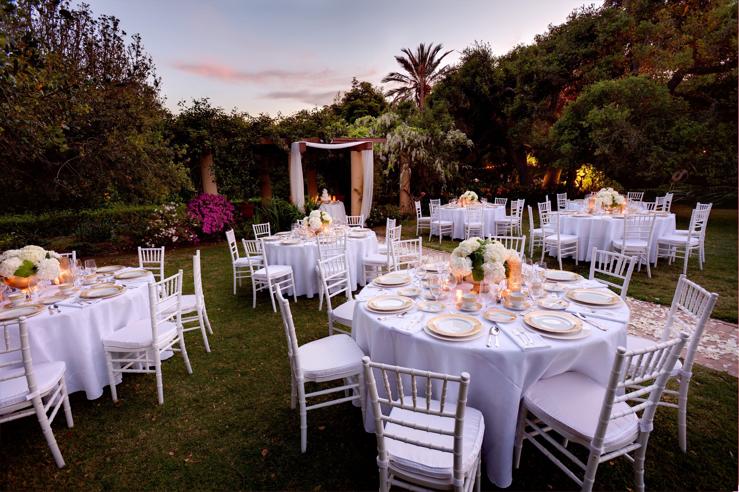 www.santabarbarawedding.com | Las Palmas Estate | Kathy Ireland | Reception Table Set Up Outside in Garden at Santa Barbara Venue